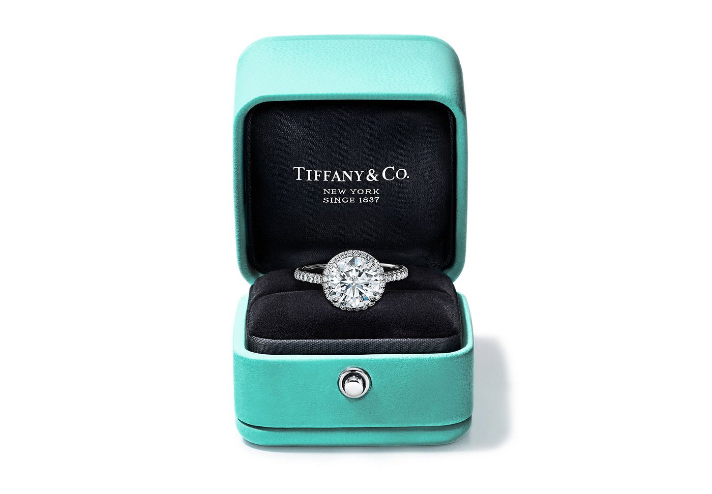 A Tiffany & Co. engagement ring inside a Tiffany Blue box
