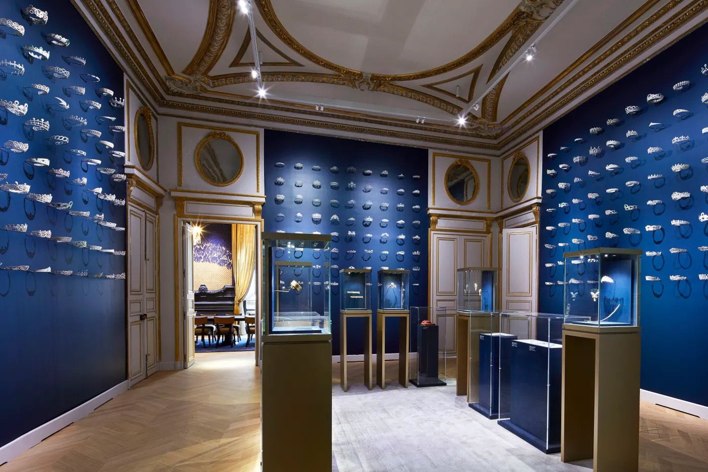 The interior of a Chaumet boutique with its signature blue shade lining the walls