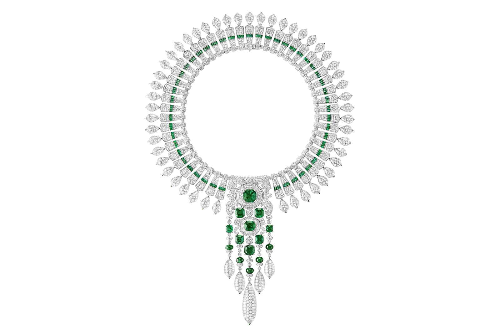  Boucheron New Maharajah necklace set with Colombian cushion-cut emeralds for a total of 38.73 carats, diamonds, rock crystal and emeralds in platinum and white gold from the Histoire de Style New Maharajahs High Jewellery Collection