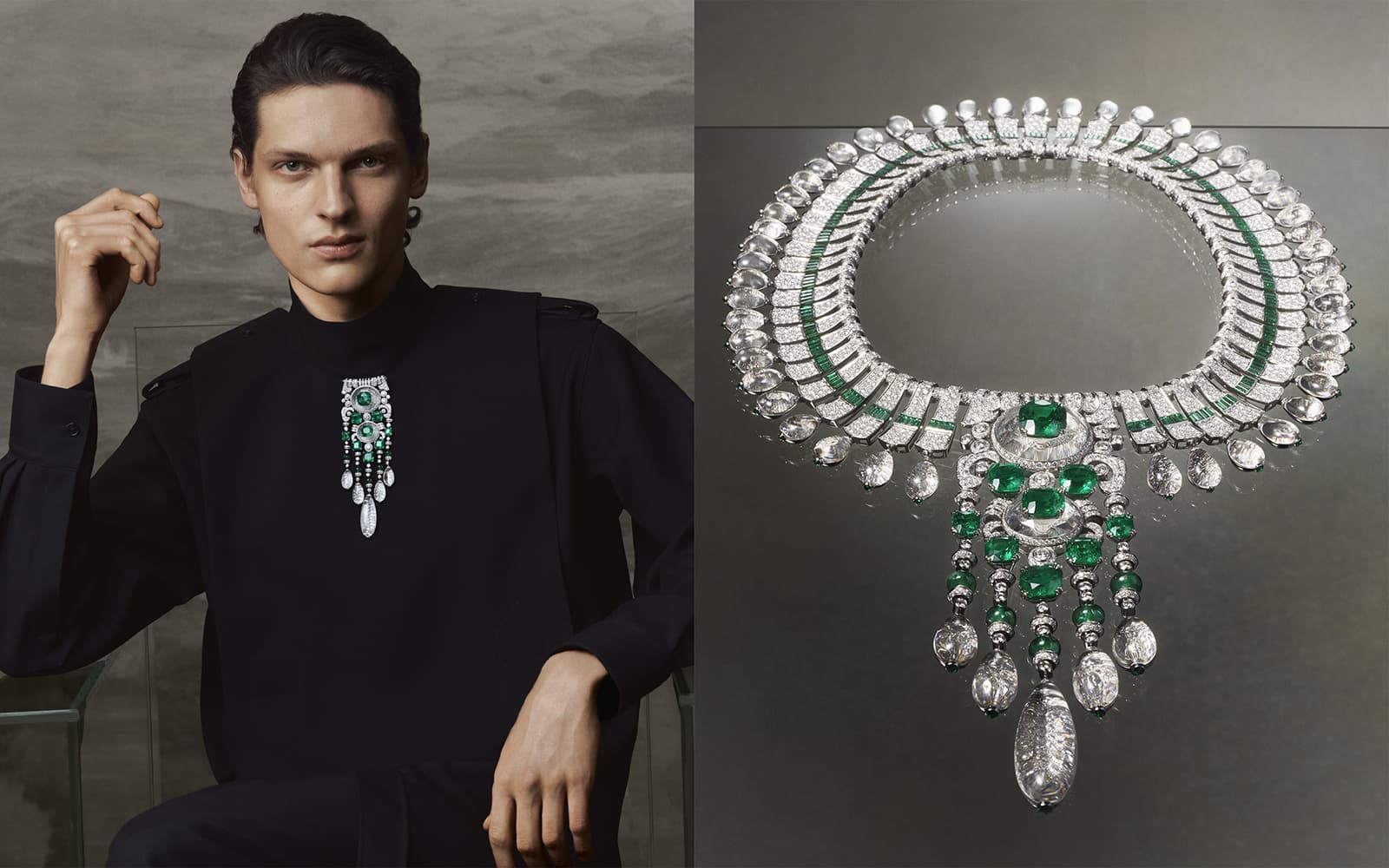 The Boucheron New Maharajah necklace set with Colombian cushion-cut emeralds, diamonds, rock crystal and emeralds in platinum and white gold can also be worn as a brooch
