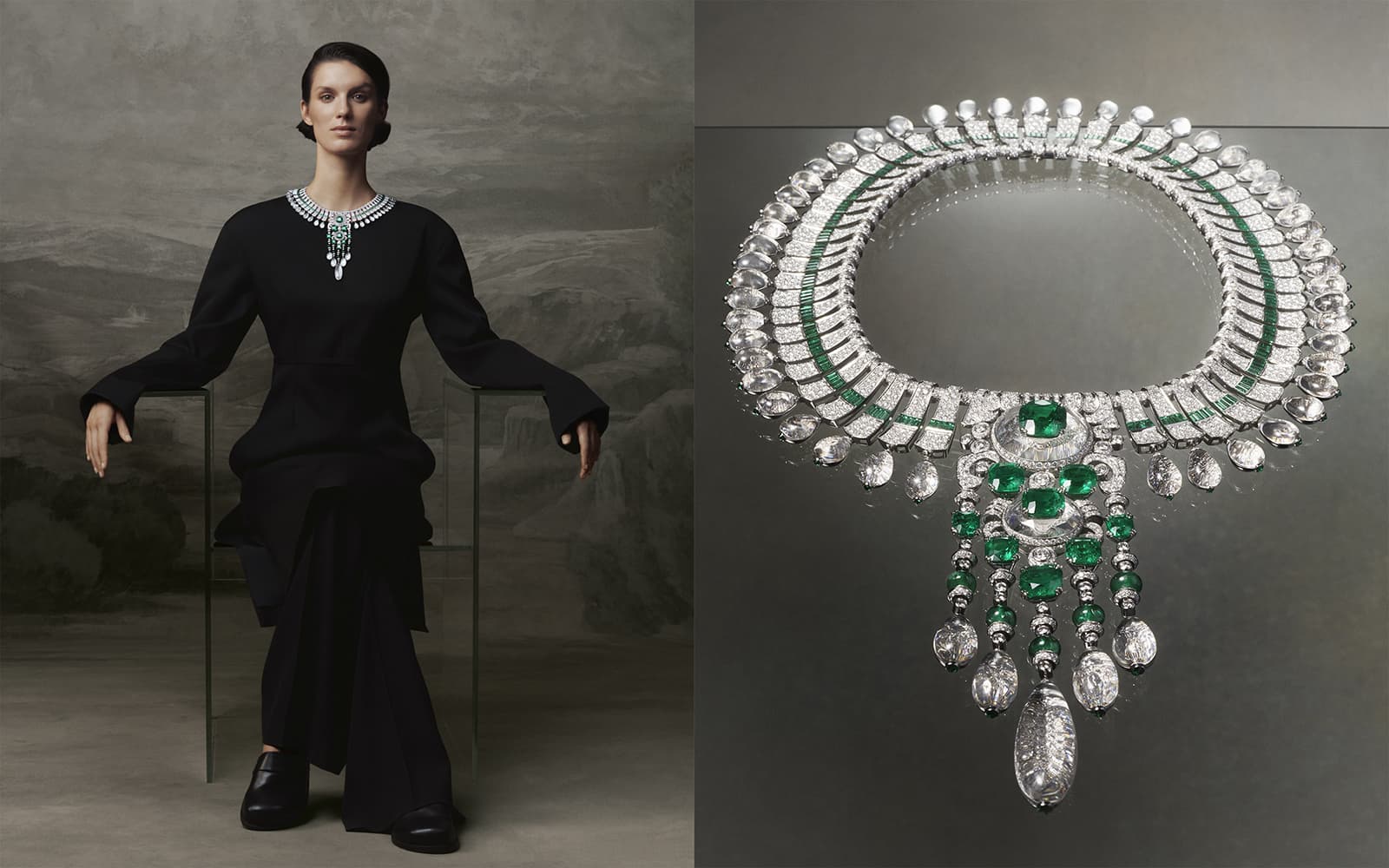 Колье Boucheron New Maharajah с девятью колумбийскими изумрудами огранки «кушон» общим весом 38,73 карата, бриллиантами, горным хрусталем и изумрудами из платины и белого золота из коллекции высокого ювелирного искусства Histoire de Style New Maharajahs