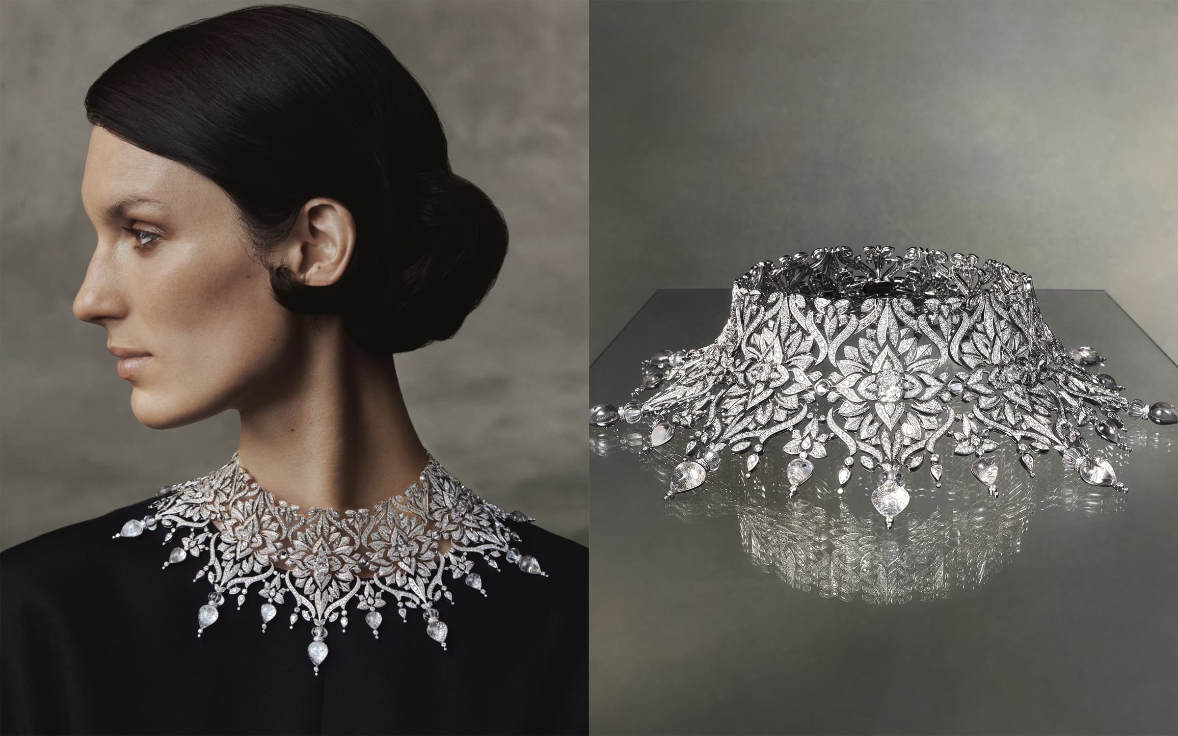 Boucheron New Maharani necklace set with a 4.08 carat cushion-cut diamond, diamonds and rock crystal in white gold from the Histoire de Style New Maharajahs High Jewellery Collection 