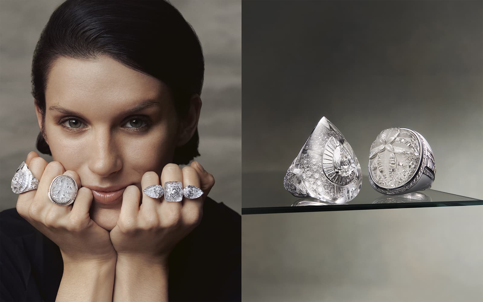 Boucheron New Padma Diamants ring set with a pear diamond of 2.01 carats, further diamonds and rock crystal in white gold, and the New Padma Cristal ring with diamonds, rock crystal and cacholong in white gold from the Histoire de Style New Maharajahs High Jewellery Collection