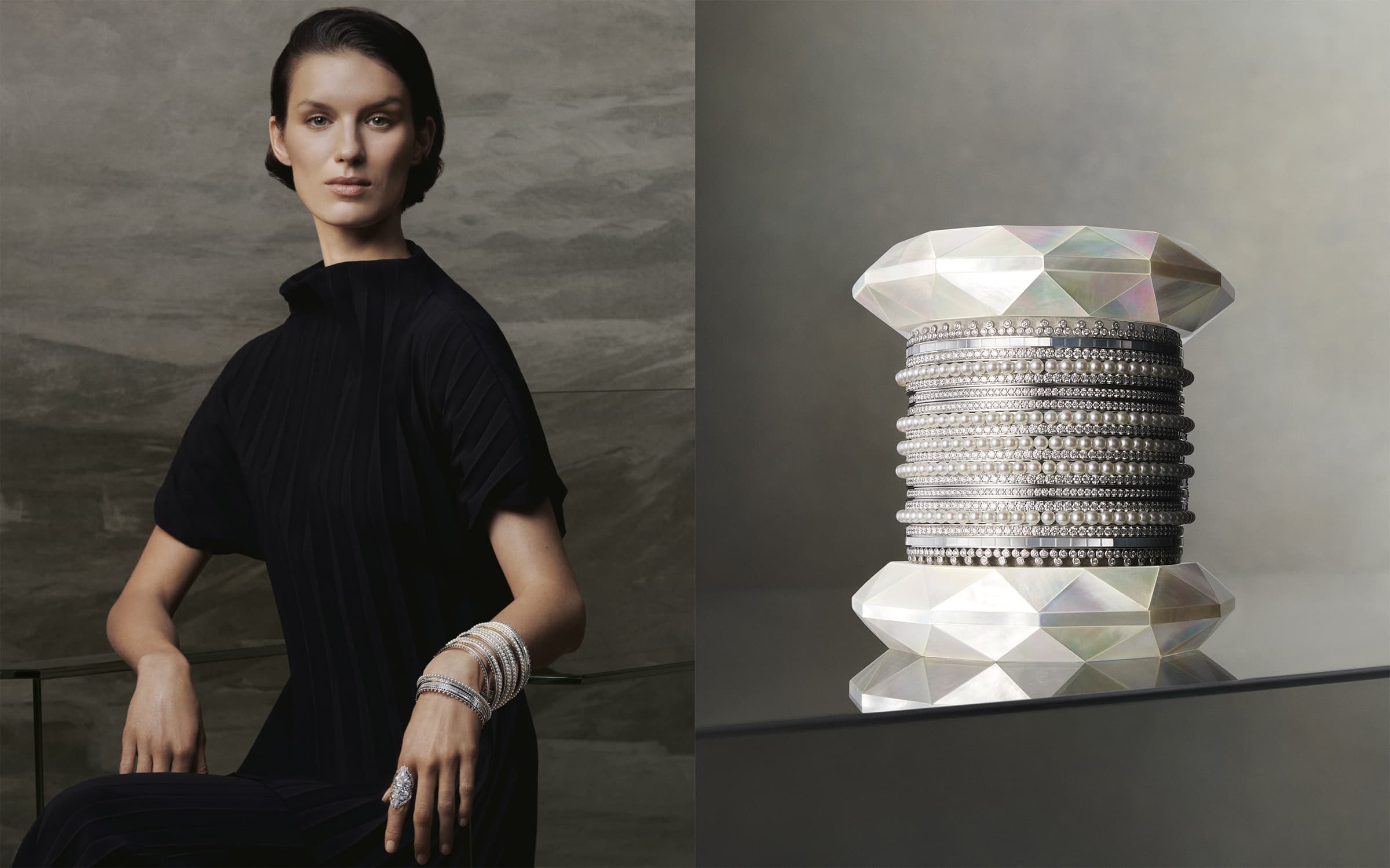 Boucheron New Churiyans bracelets with diamonds, mother-of-pearl and cultured pearls from the Histoire de Style New Maharajahs High Jewellery Collection, housed on a wooden bobbin with mother of pearl marquetry and goat suede leather
