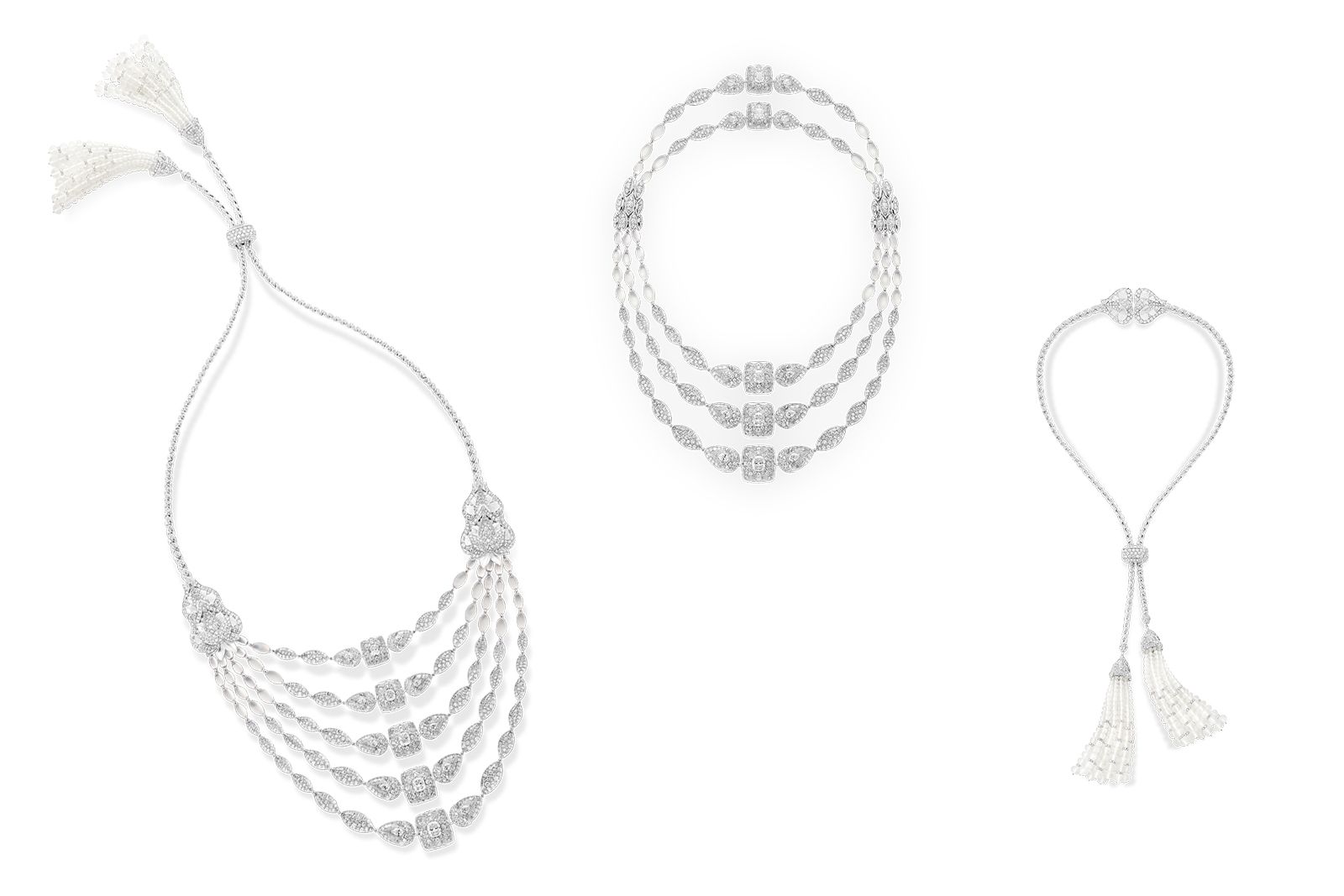 Boucheron New Maharani Cristal necklace in the tradition of multiwear with five cushion-cut diamonds of 7.35 carats, further diamonds and rock crystal in white gold from the Histoire de Style New Maharajahs High Jewellery Collection 