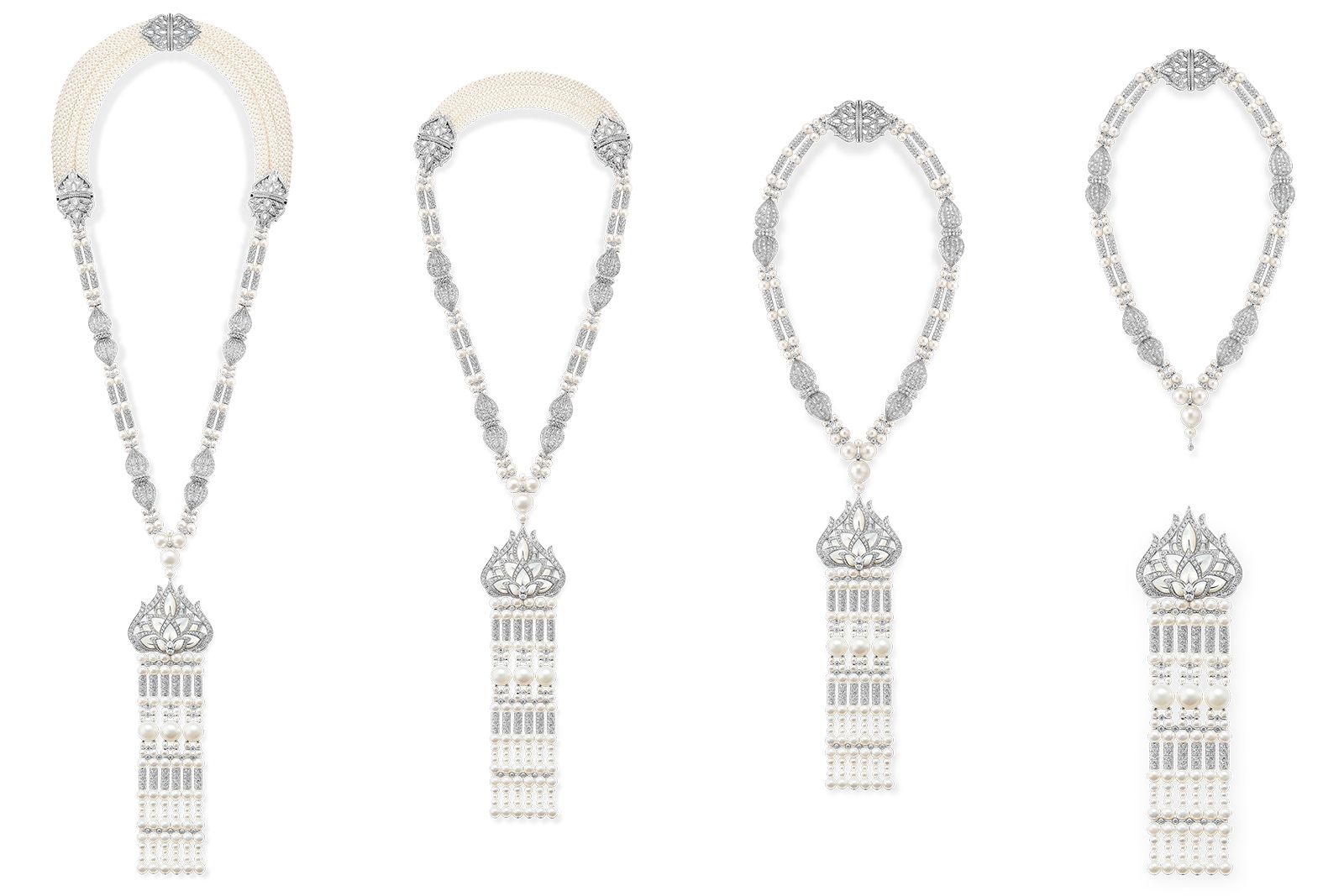 Boucheron New Maharani Nacre necklace in the tradition of multiwear with diamonds, rock crystal, mother-of-pearl and cultured pearls in white gold from the Histoire de Style New Maharajahs High Jewellery Collection 