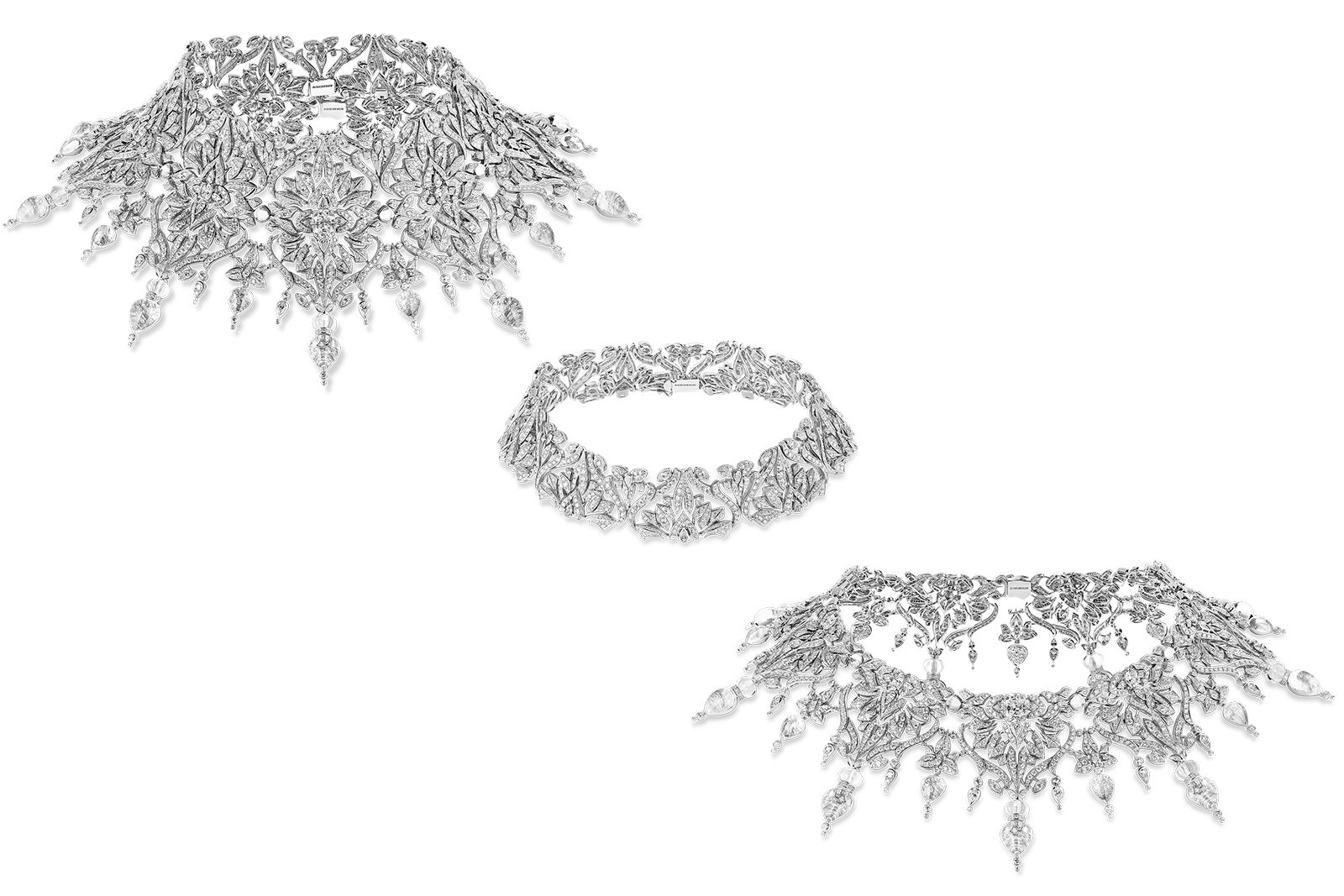  Boucheron New Maharani necklace in the tradition of multiwear set with a cushion-cut diamond of 4.08 carats, further diamonds and rock crystal in white gold from the Histoire de Style New Maharajahs High Jewellery Collection