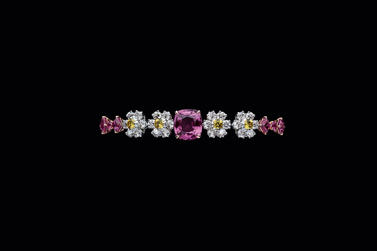  Dior Joaillerie Galons Dior High Jewellery creation with a floral theme featuring colourless diamonds and pink and yellow gemstones