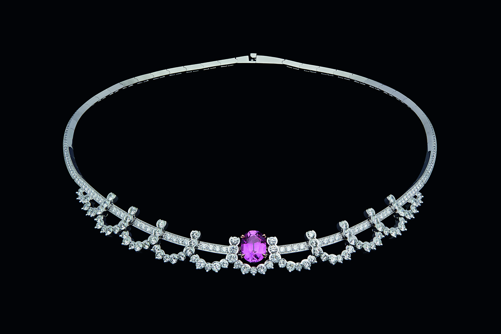 Dior Joaillerie Galons Dior High Jewellery necklace with diamonds and a vibrant pink gemstone centre stone 