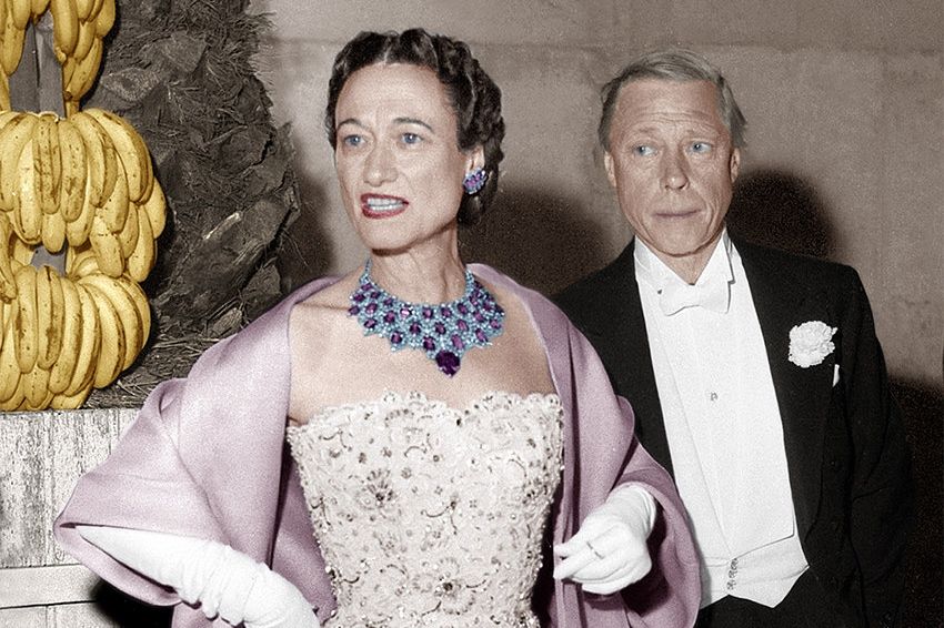 The Duchess of Windsor, Wallis Simpson, wears a Cartier amethyst, diamond and turquoise necklace gifted to her by the Duke of Windsor in 1947