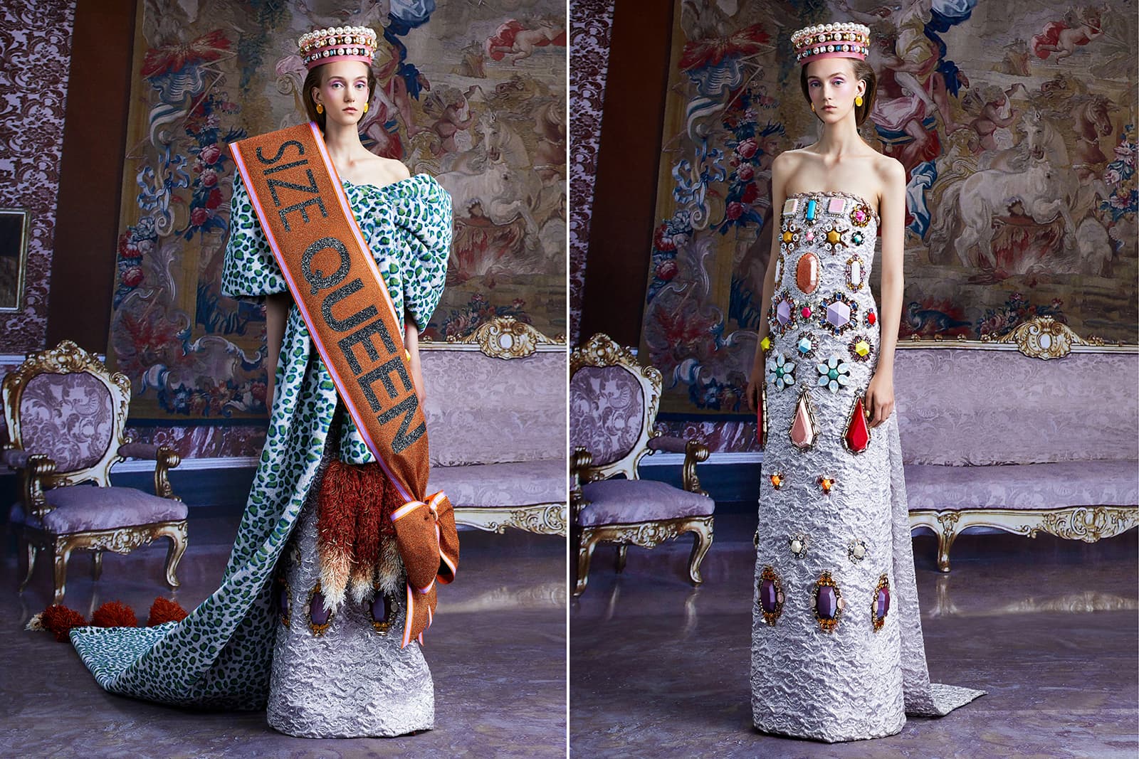 Viktor & Rolf Fall 2021 Haute Couture collection featuring an excess of coloured gemstone shapes and embroidery
