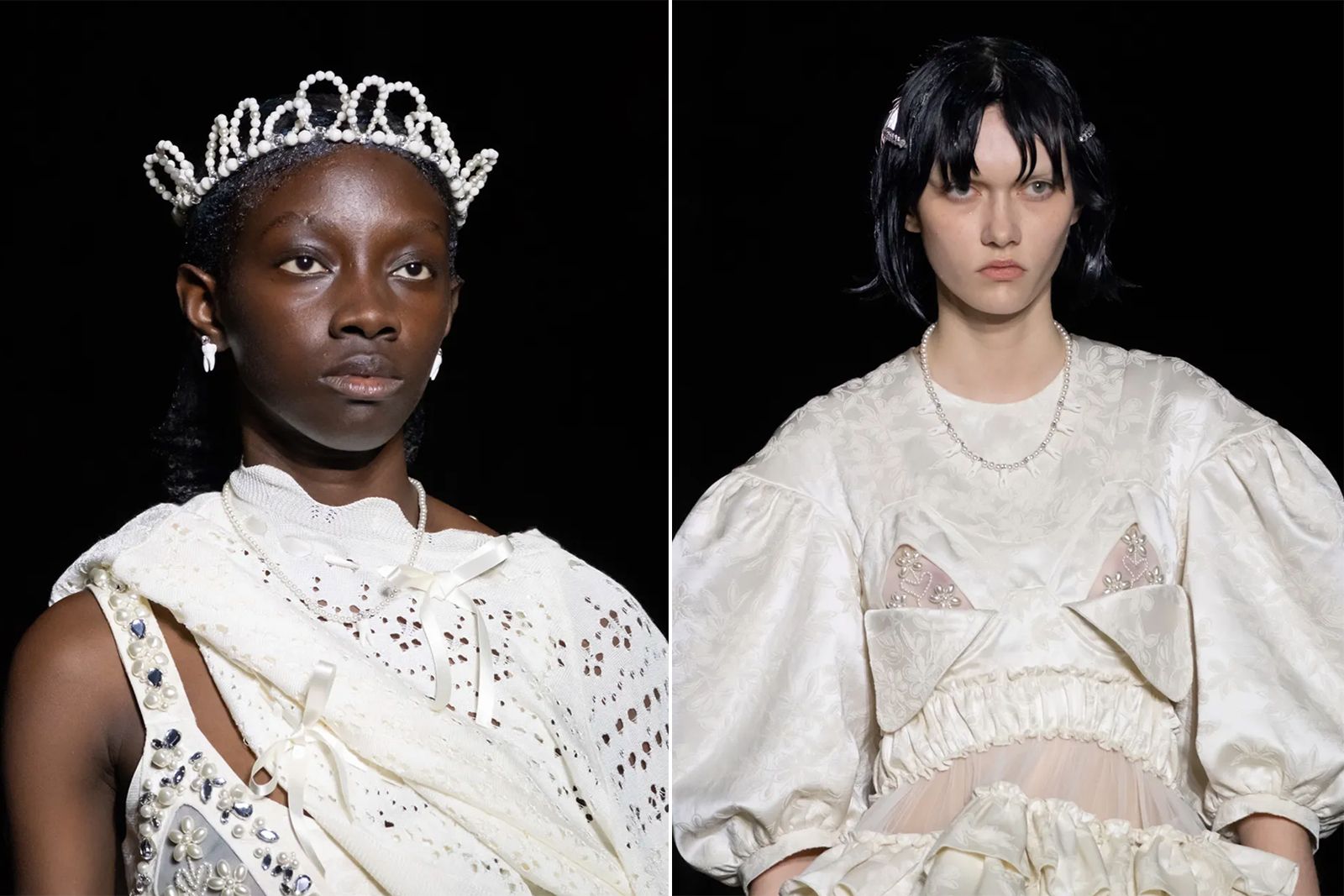  Models adorned with white pearls at Simone Rocha for SS22 