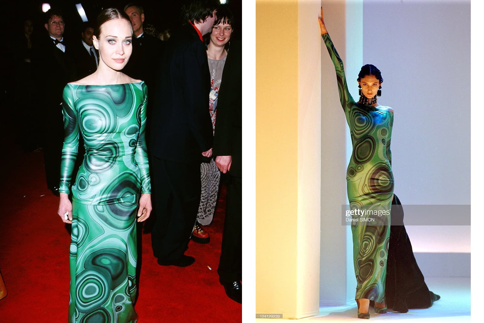  The Fall 1999 collection by Thierry Mugler inspired by malachite, including Fiona Apple at the 2000 Academy Awards (left)