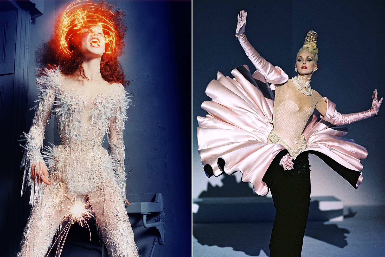 Models wearing jewelled creations by Thierry Mugler in 1998 and 1996 respectively