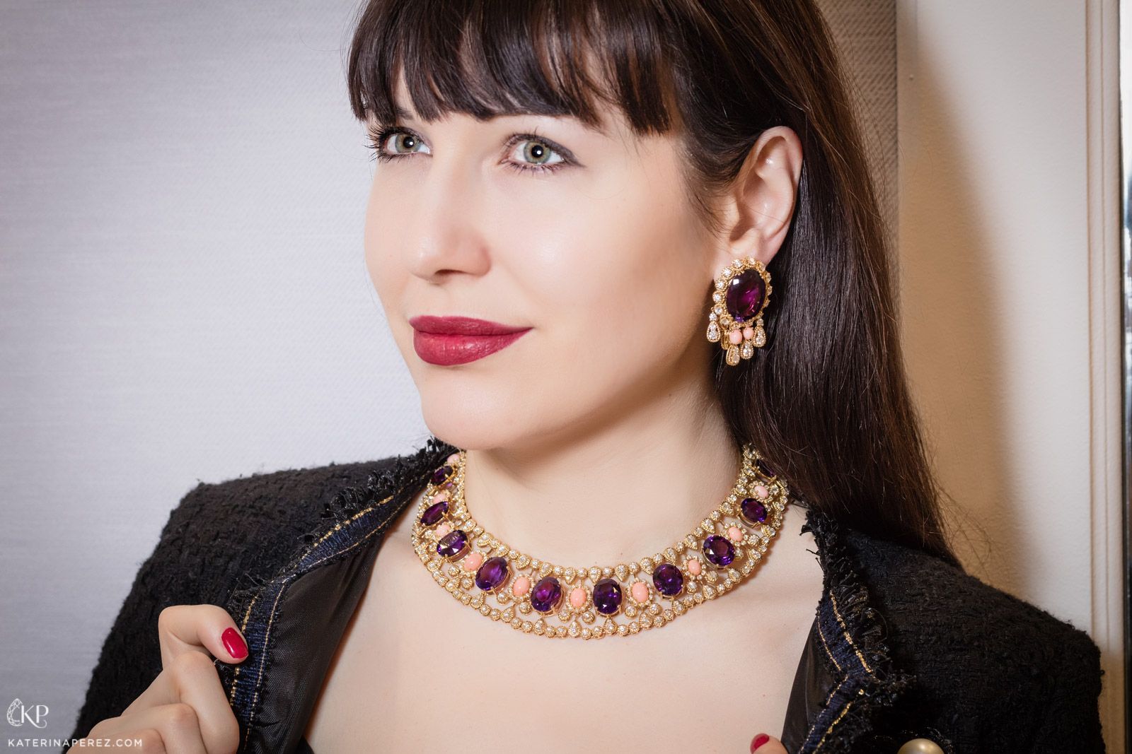 Katerina Perez wears an amethyst necklace by Veschetti