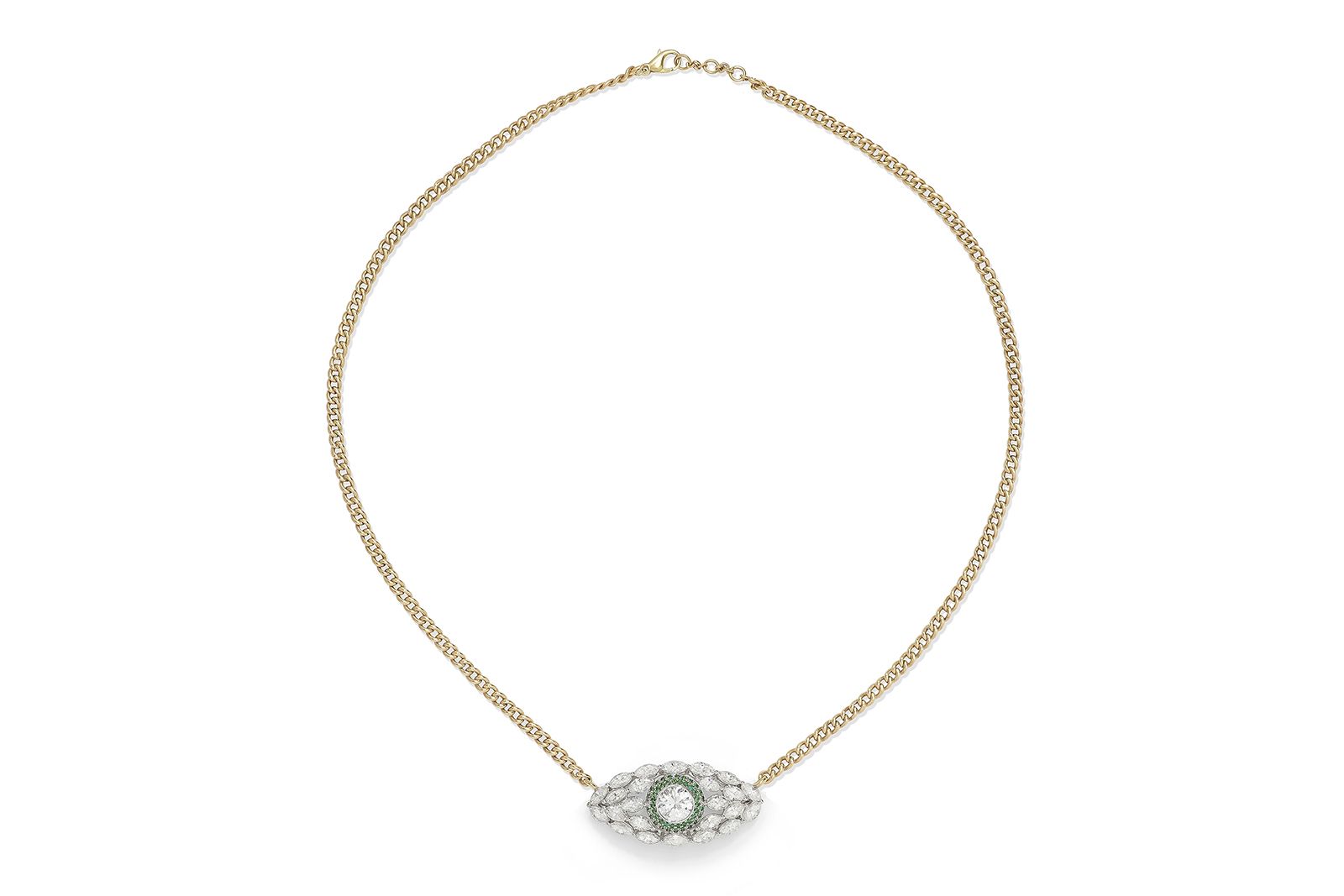 A bespoke-made D. GREGORY Evil Eye necklace in platinum with marquise-shaped diamonds