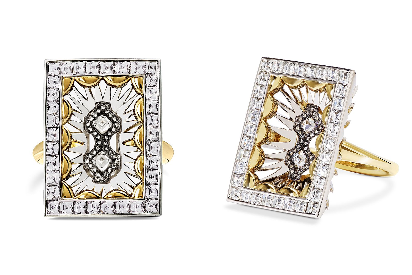  D. GREGORY Cathedral ring in platinum and 18k yellow gold set with 1.70 carats of French-cut and round brilliant-cut diamonds 