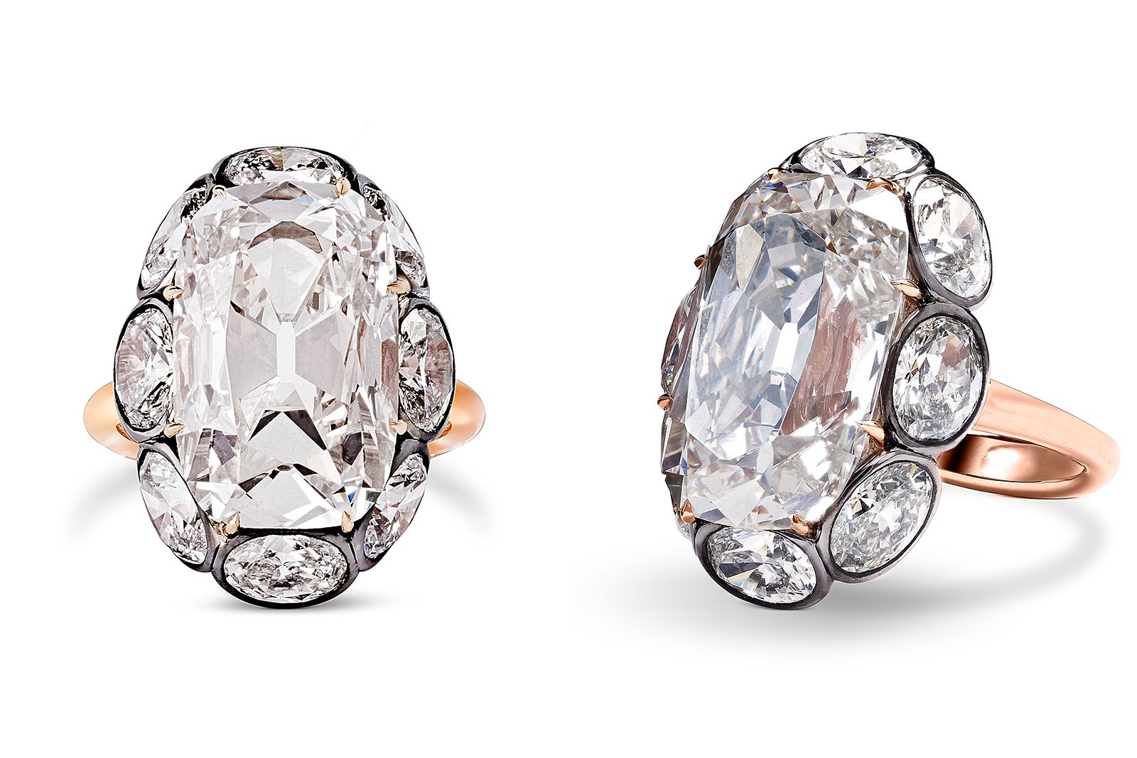 D. GREGORY Alora ring in platinum and rose gold with a very old cushion-cut GIA Certified diamond of 9 carats surrounded by eight oval-shaped diamonds of 3.16 carats total in a blackened platinum setting