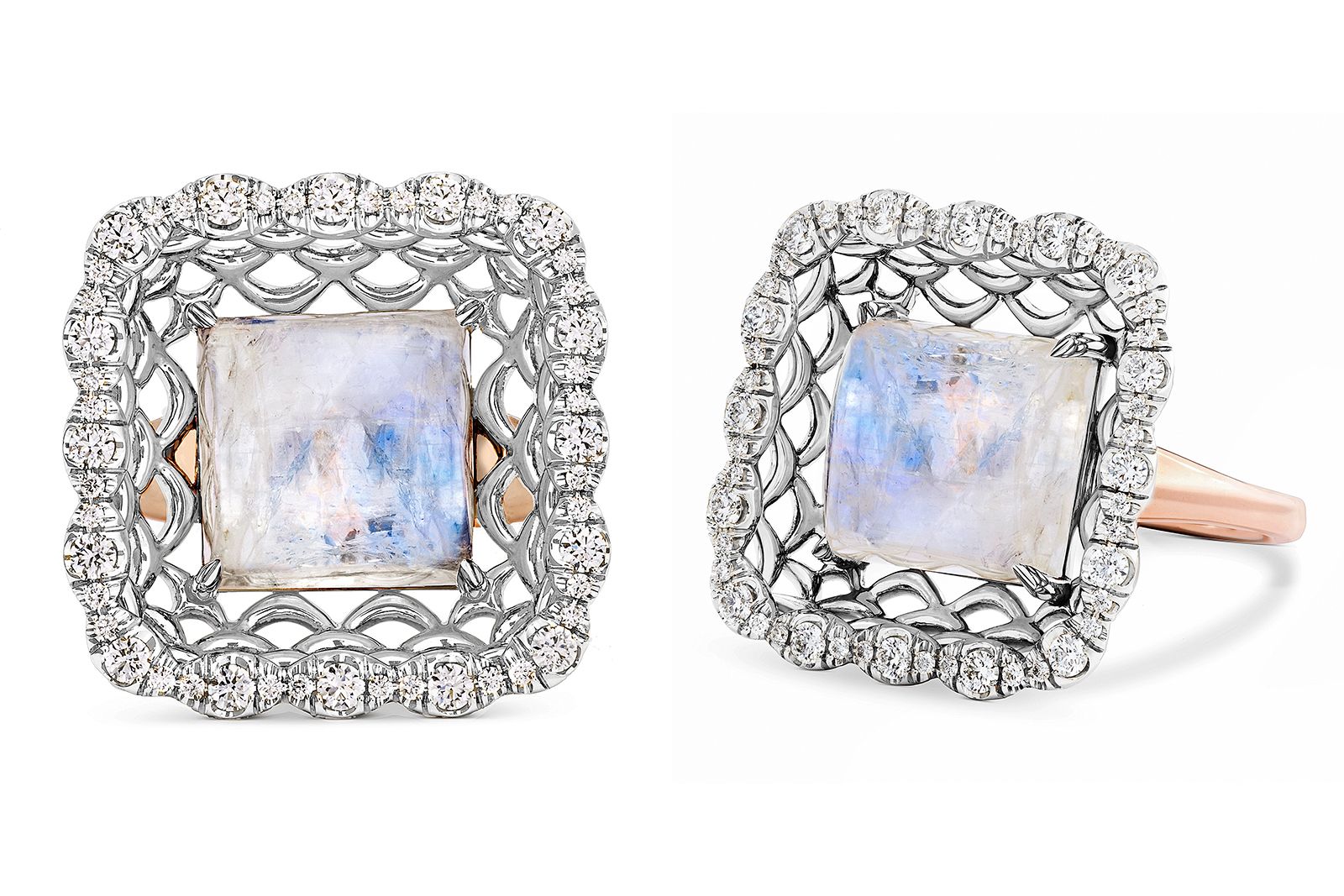 D. GREGORY Selene ring in 18k white and rose gold set with a cushion-cut moonstone in a scalloped basket accented with diamonds 