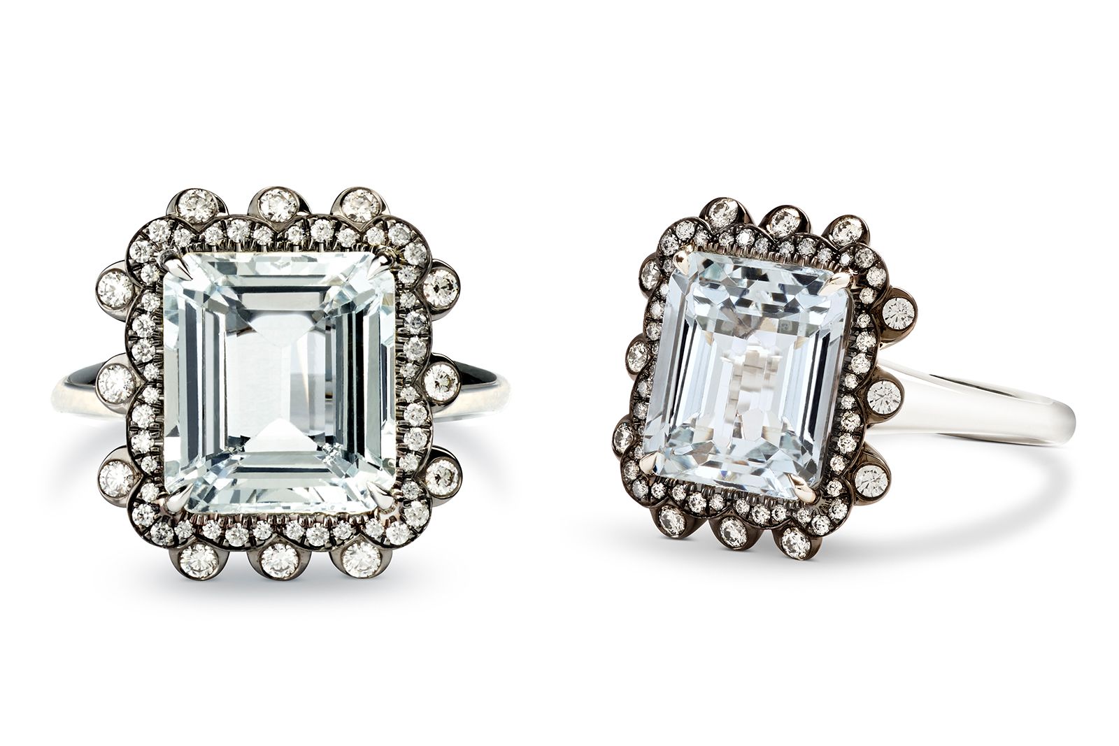  D. GREGORY Medici Aquamarine ring in platinum with a 5.17 carat square-cut aquamarine, micro-set Hearts & Arrows brilliant diamonds and burnished round brilliant diamonds 