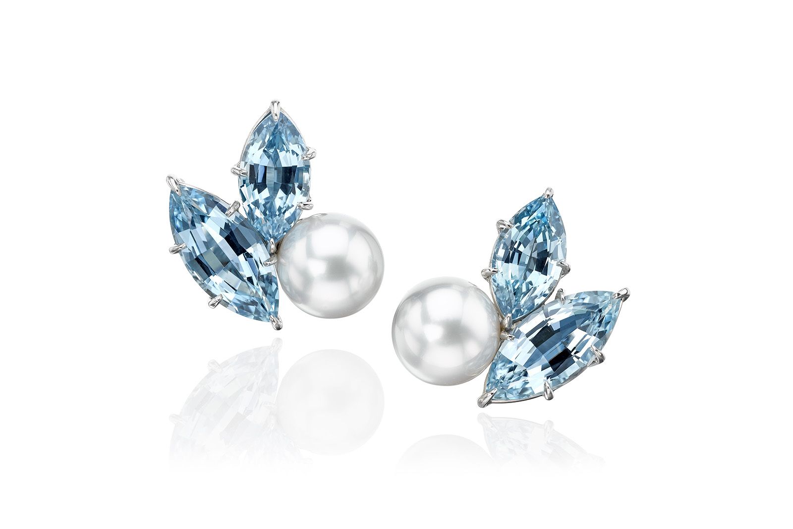 Assael ear clips with marquise-shaped aquamarines and round white pearls 