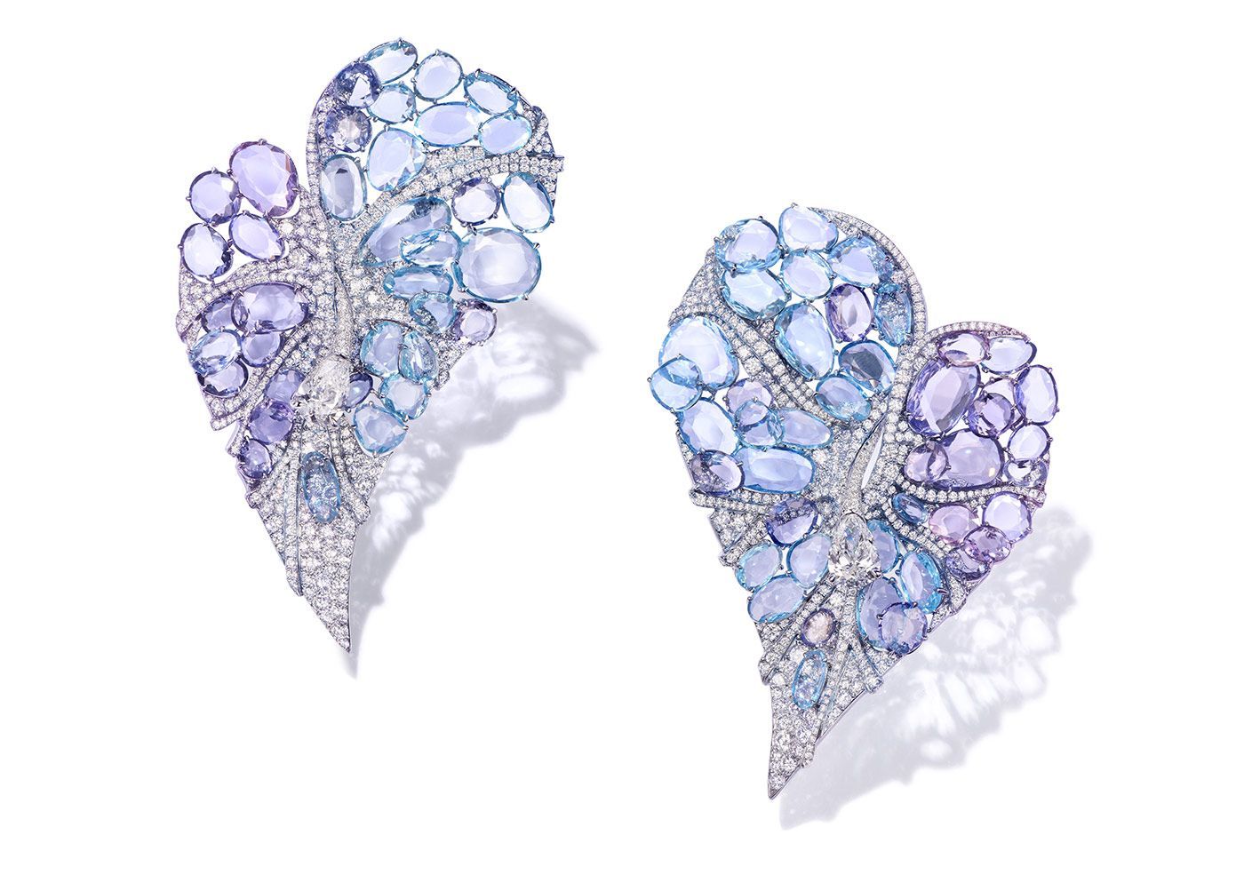 Feng J Anthurium earrings with floating set double rose-cut gemstones in shades of purple, blue and lilac