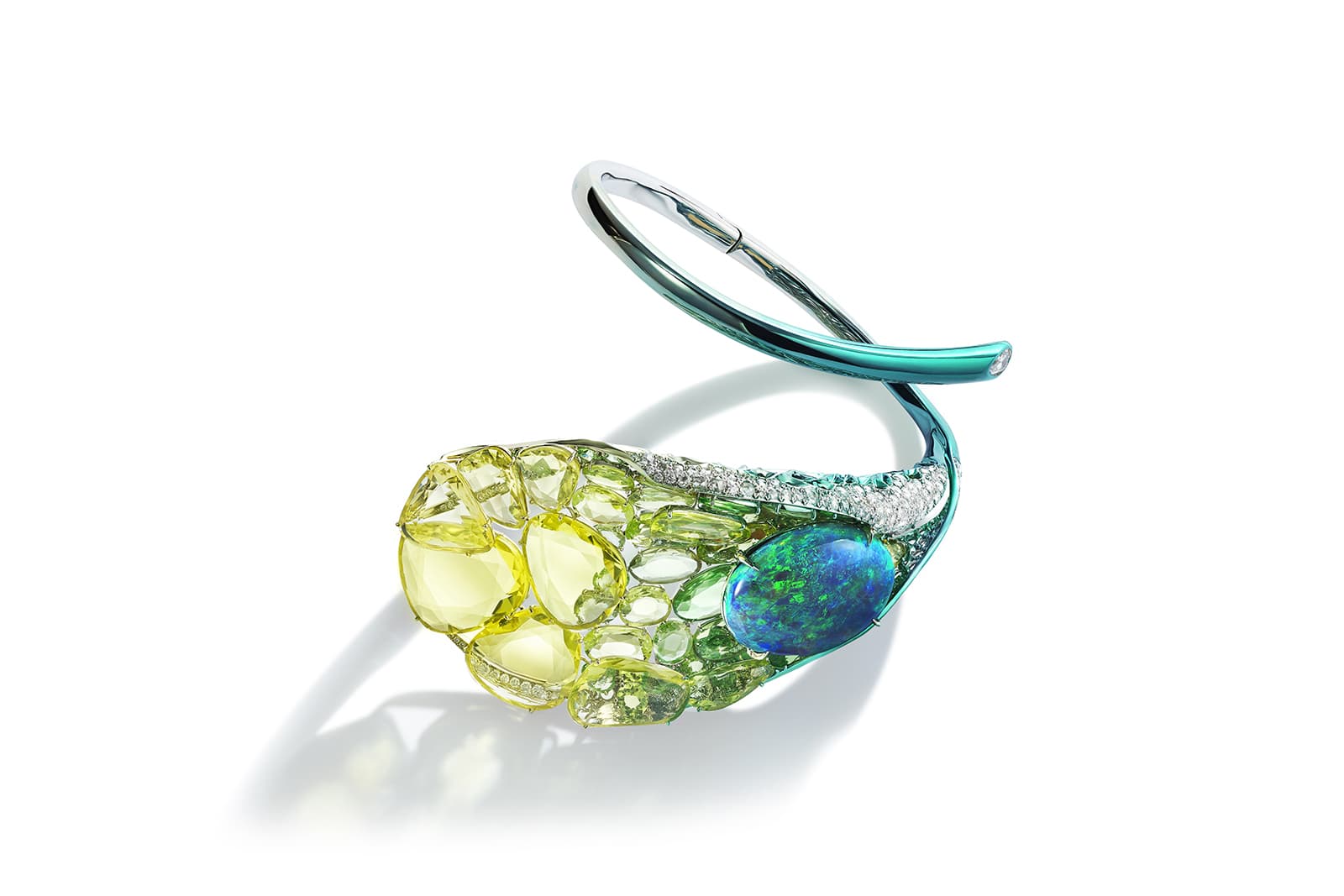 Feng J Cala Lily bangle with a 20.95 carat black opal, double rose-cut sapphires, tsavorites, emeralds and diamonds in electroplated gold