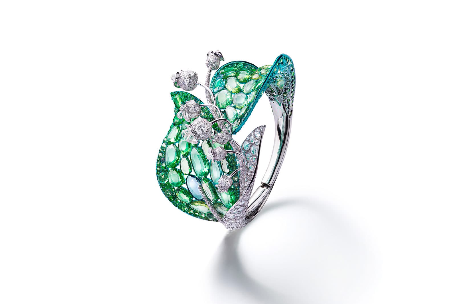  Feng J Green Lily of the Valley bangle with tourmaline, double rose-cut tsavorite, chrysoberyl, tanzanite, aquamarine and white diamonds