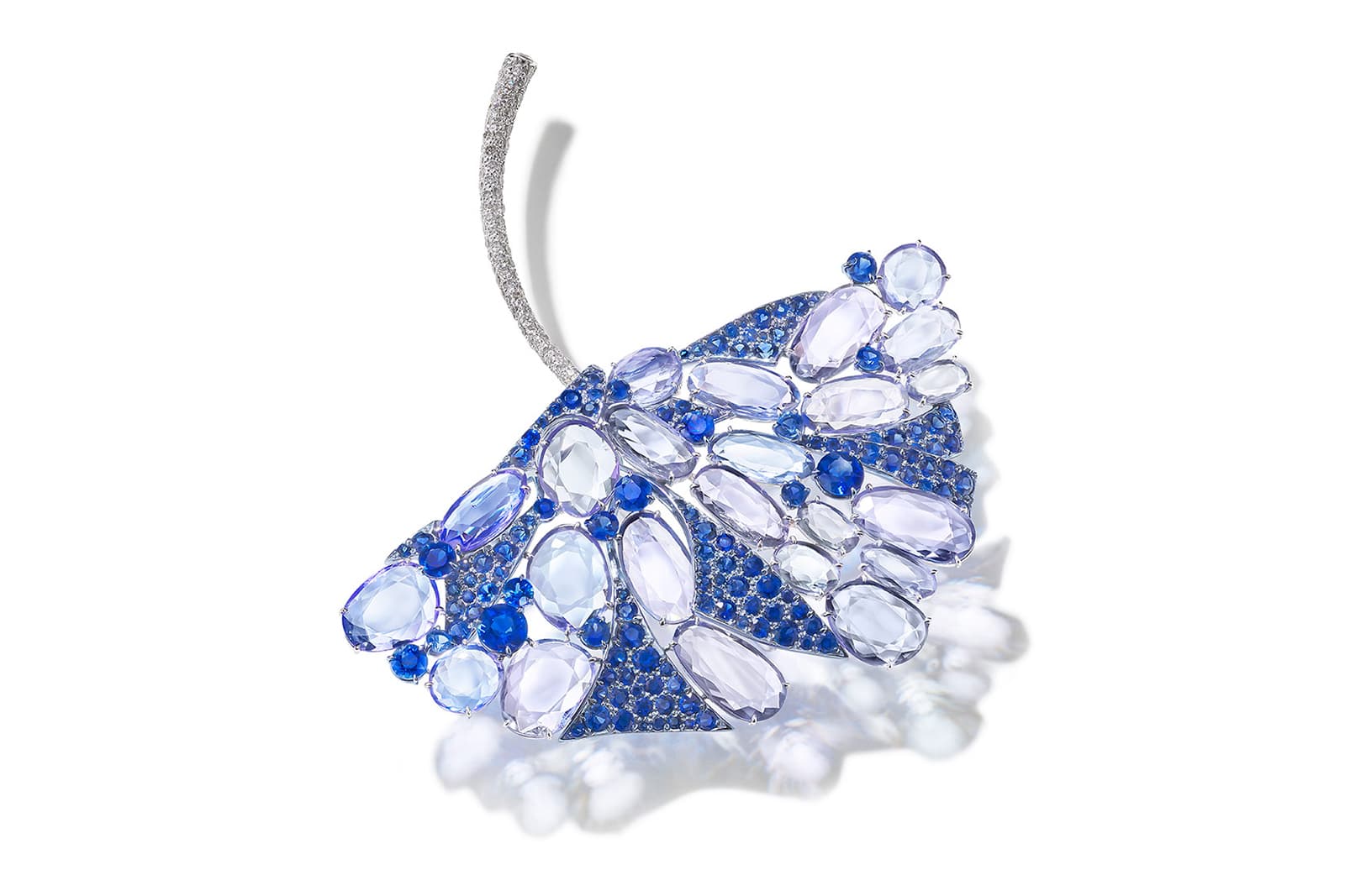  Feng J Blue Gingko Leaf brooch with floating set double rose-cut gemstones, sapphires and diamonds 