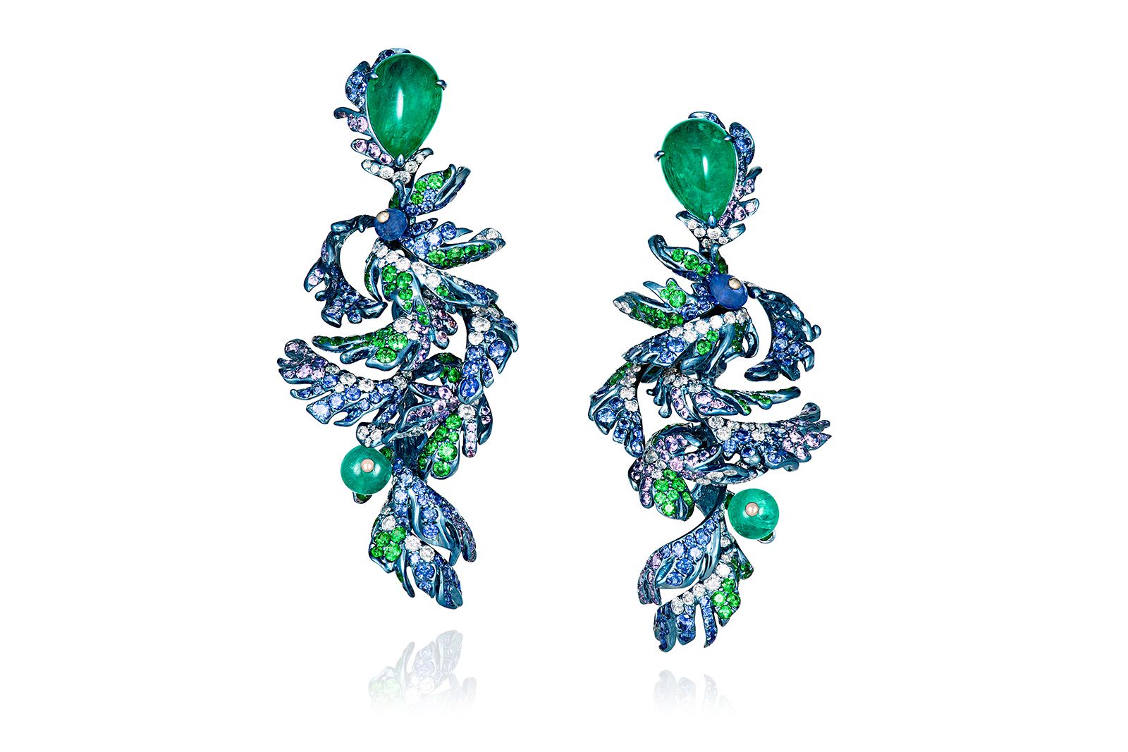  Neha Dani La Pluma Pavona earrings with emeralds, multi-coloured gemstones and diamonds