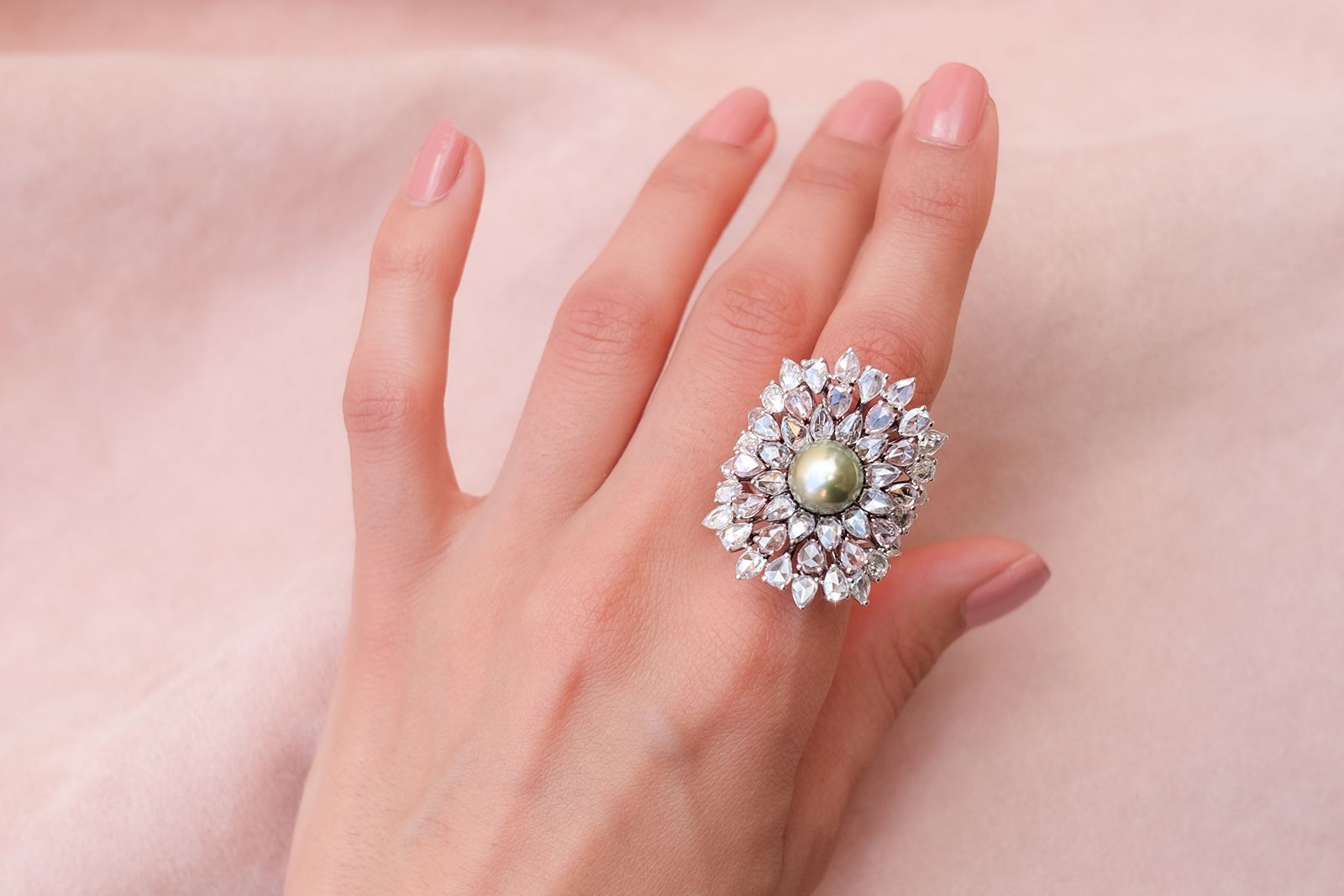 Sarah Ho Pacific natural pearl ring with a 5.41 carat natural pearl surrounded by 48 pear shaped rose-cut diamonds in 18k white gold 