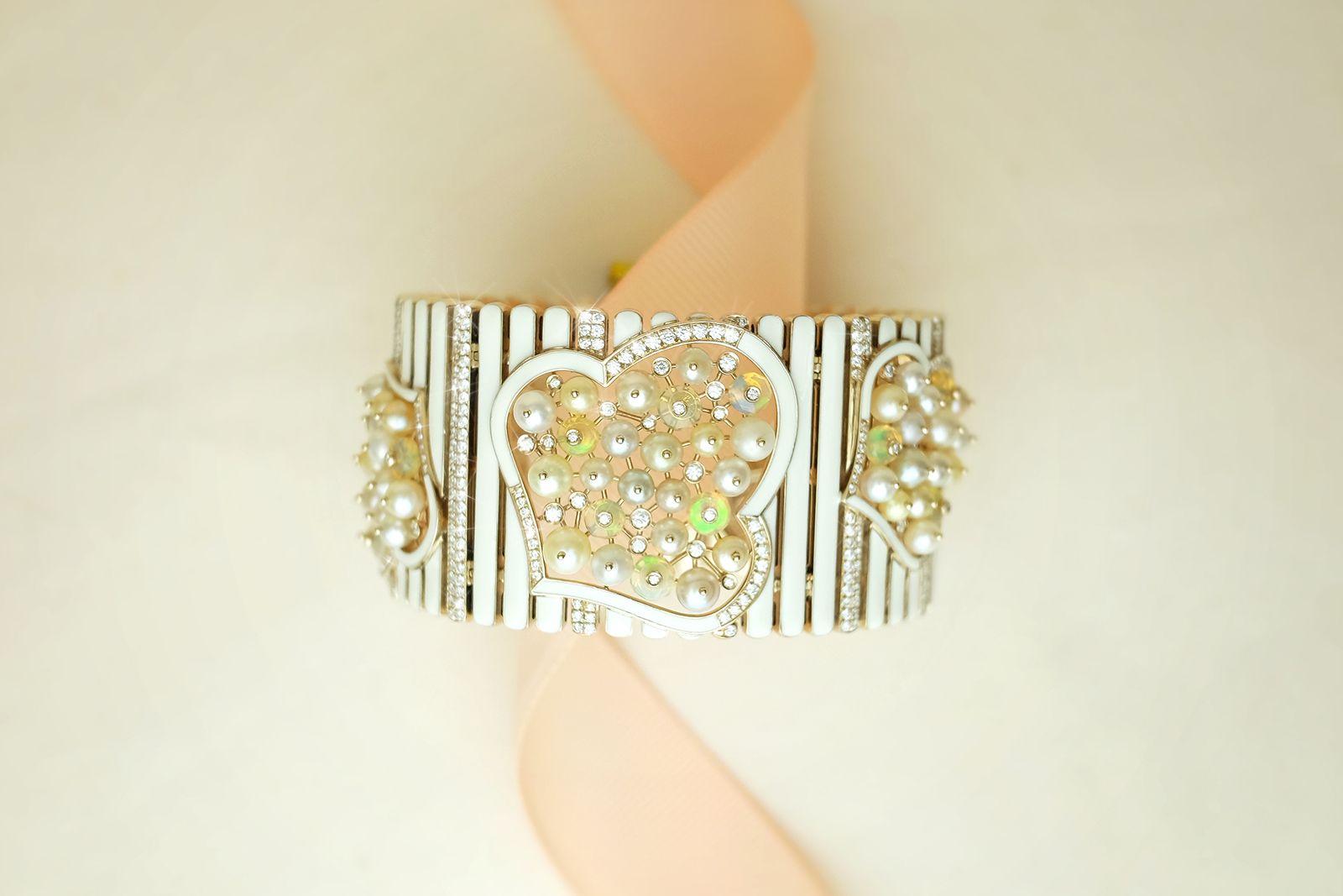  Sarah Ho Selene Cuff with antique natural pearls, opals and diamonds set in antique colour 18k gold and white enamel