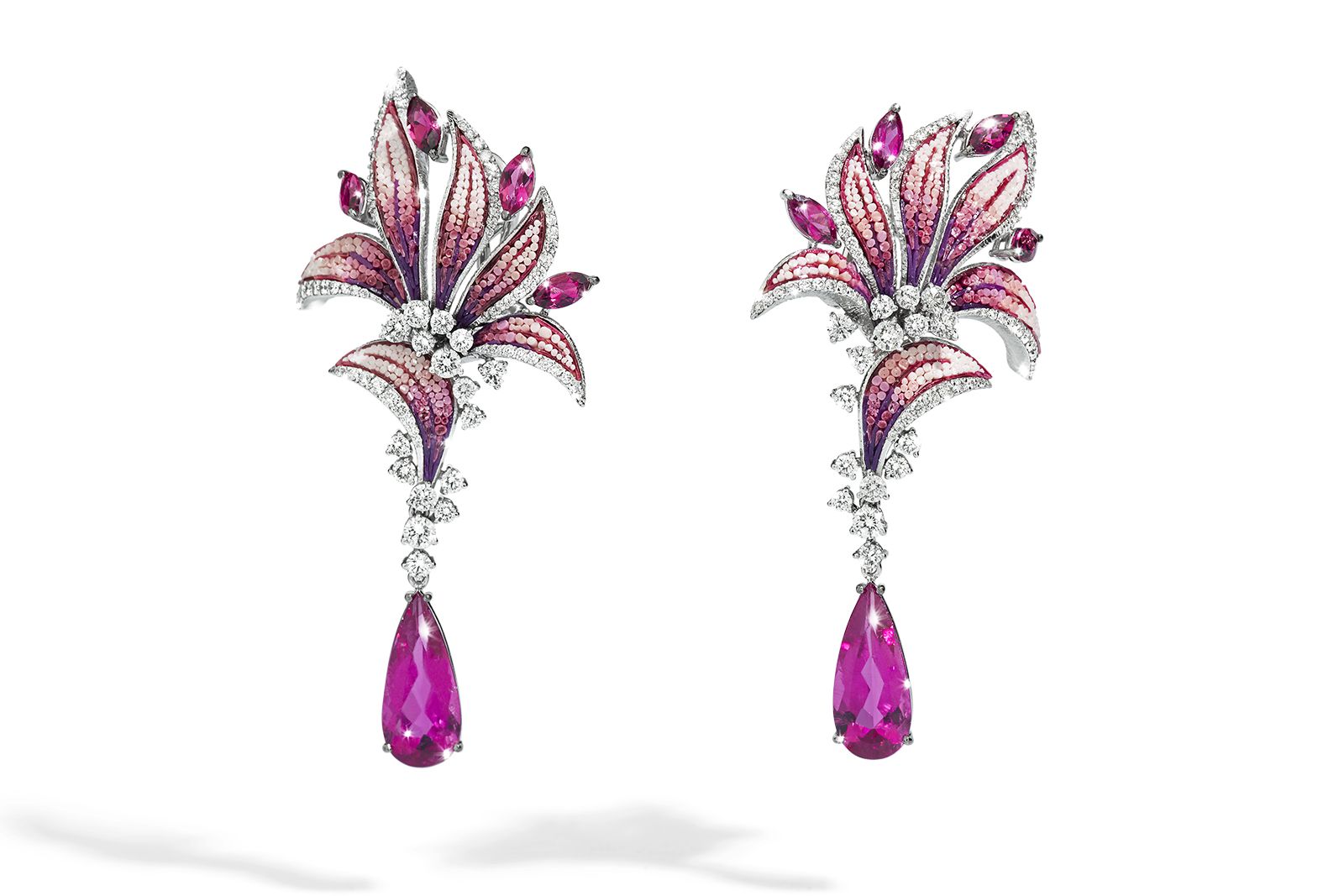  SICIS Lily Rose earrings with elongated pear-shaped gemstone drops, marquise-shaped gemstones and micro mosaic petals