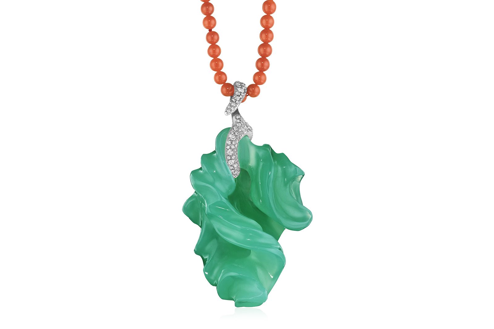  Naomi Sarna Dragon Wind necklace with a 169 carat Australian chrysoprase and diamond pendant on a string of coral beads