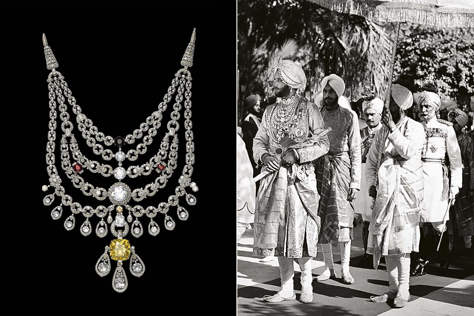  The Maharaja of Patiala, Bhupinder Singh, and his Cartier necklace set with a De Beers yellow diamond