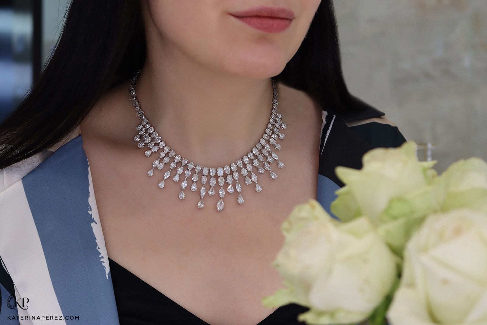  Katerina Perez wears a diamond necklace by Yataghan