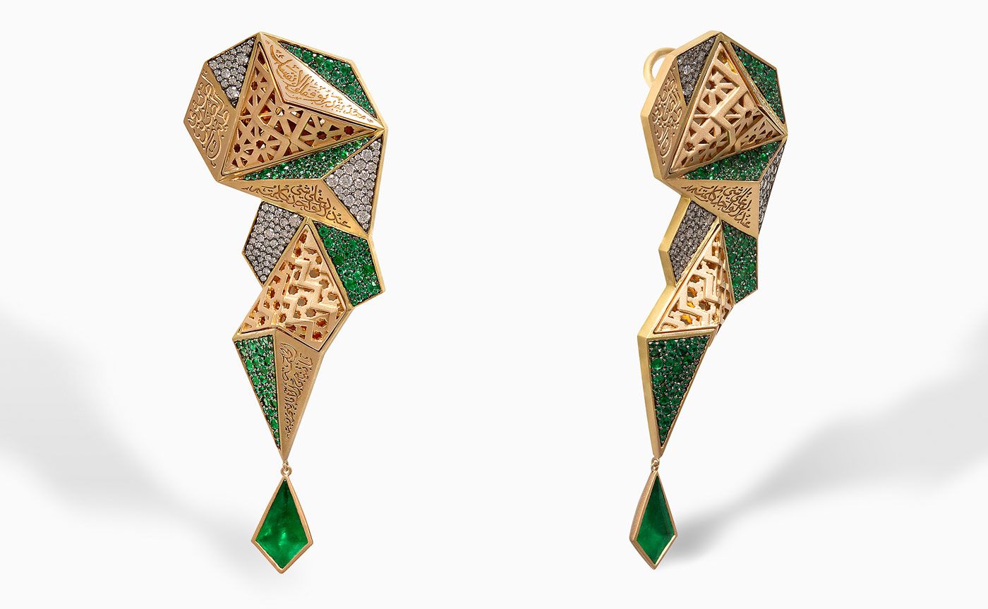  Roshan ear cuff in emeralds and diamonds by Yataghan