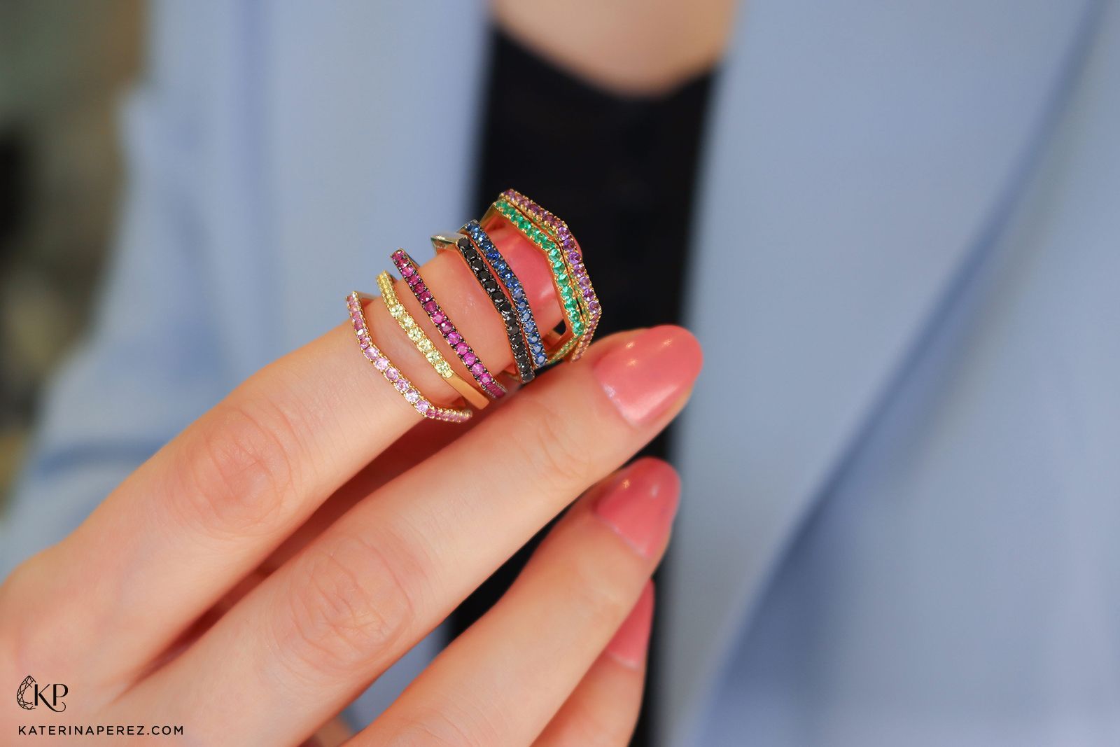  A selection of Hexagon coloured gemstone rings by Yataghan