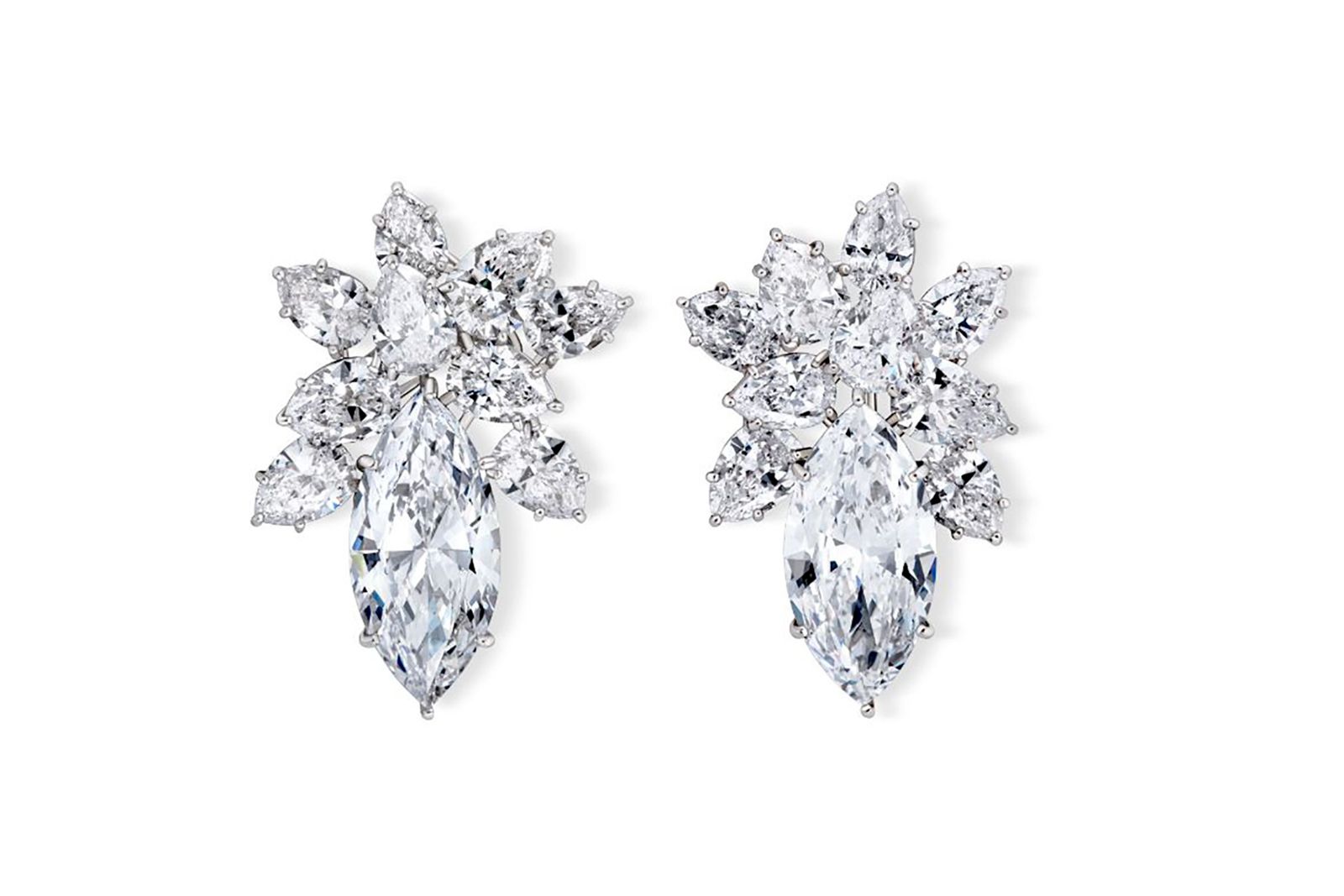  Harry Winston earrings with two marquise-cut diamonds of 6.26 and 6.16 carats, part of the Rock Party selling exhibition by A2Z and Christie’s Dubai 