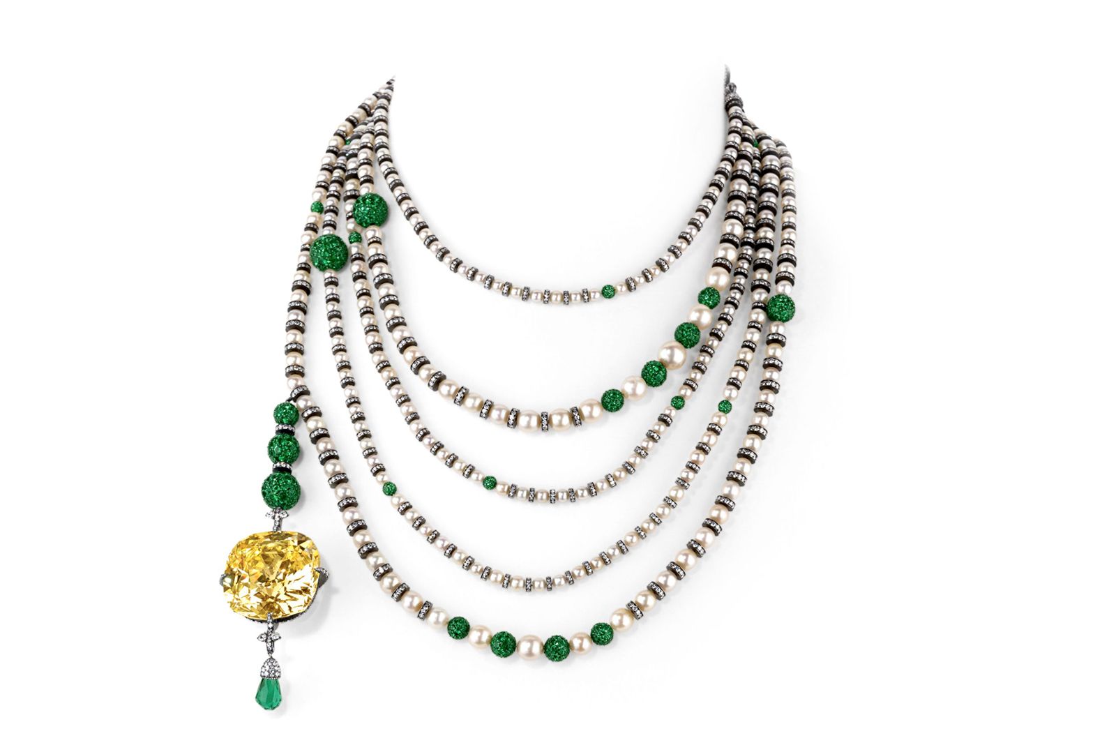 A JAR natural pearl, emerald and diamond sautoir necklace with a fancy vivid yellow old-cut cushion-shaped diamond of 114.63 carats, part of the Rock Party selling exhibition by A2Z and Christie’s Dubai 