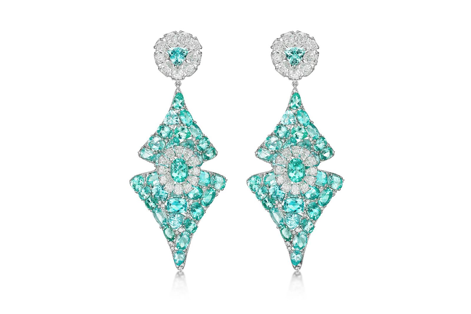  Earrings with 46.81 carats of Paraiba tourmalines and 12.02 carats of mixed-cut diamonds in gold, part of the Rock Party selling exhibition by A2Z and Christie’s Dubai 