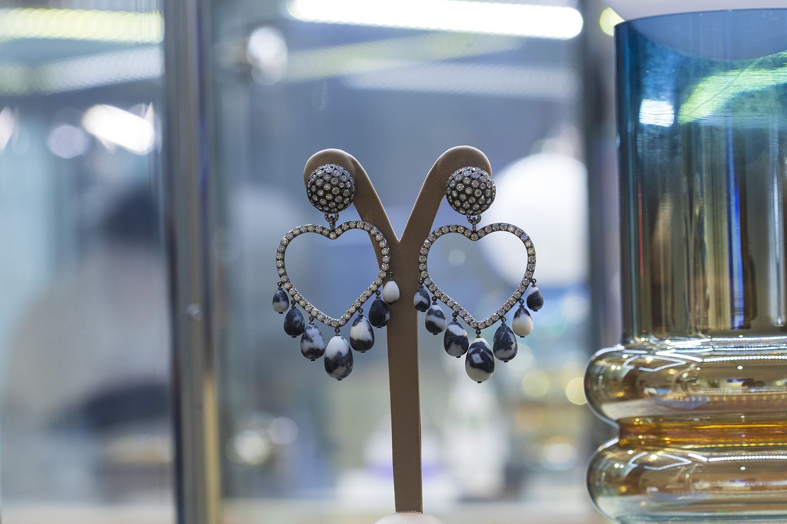 SABBA Paris zebra jasper and diamond ear pendants in titanium and gold, part of the Rock Party selling exhibition by A2Z and Christie’s Dubai 