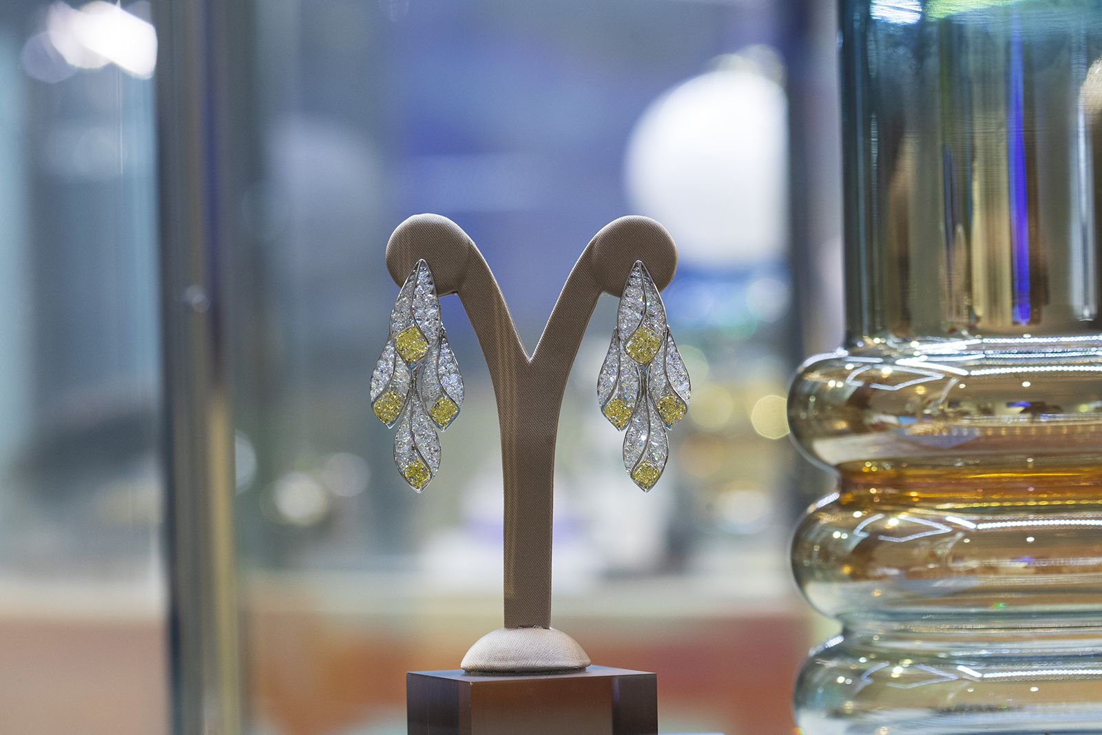  Earrings with eight fancy yellow diamonds with a total weight of 12.78 carats, alongside 141 marquise-shaped diamonds of 19.30 carats and round brilliant-cut diamonds in 18k white gold, part of the Rock Party selling exhibition by A2Z and Christie’s Dubai 
