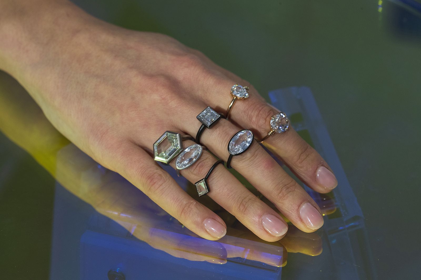 A selection of diamond rings featured in the Rock Party selling exhibition organised by A2Z and Christie’s Dubai 