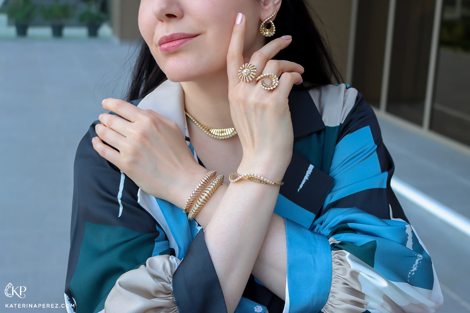  Katerina Perez wears gold and diamond jewellery from the collections of FerriFirenze