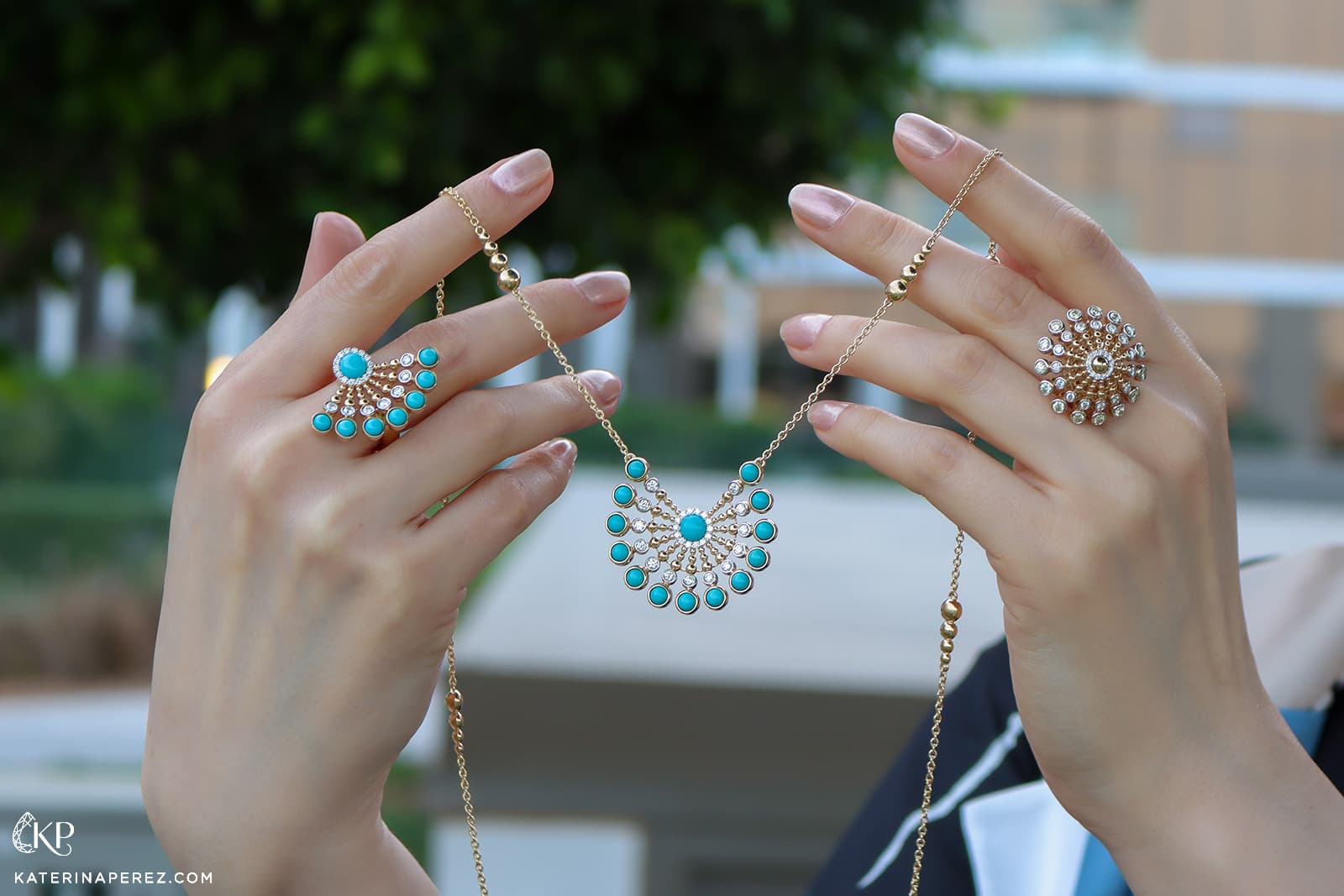  FerriFirenze necklace and rings with diamonds and turquoise from the Bubbles collection 
