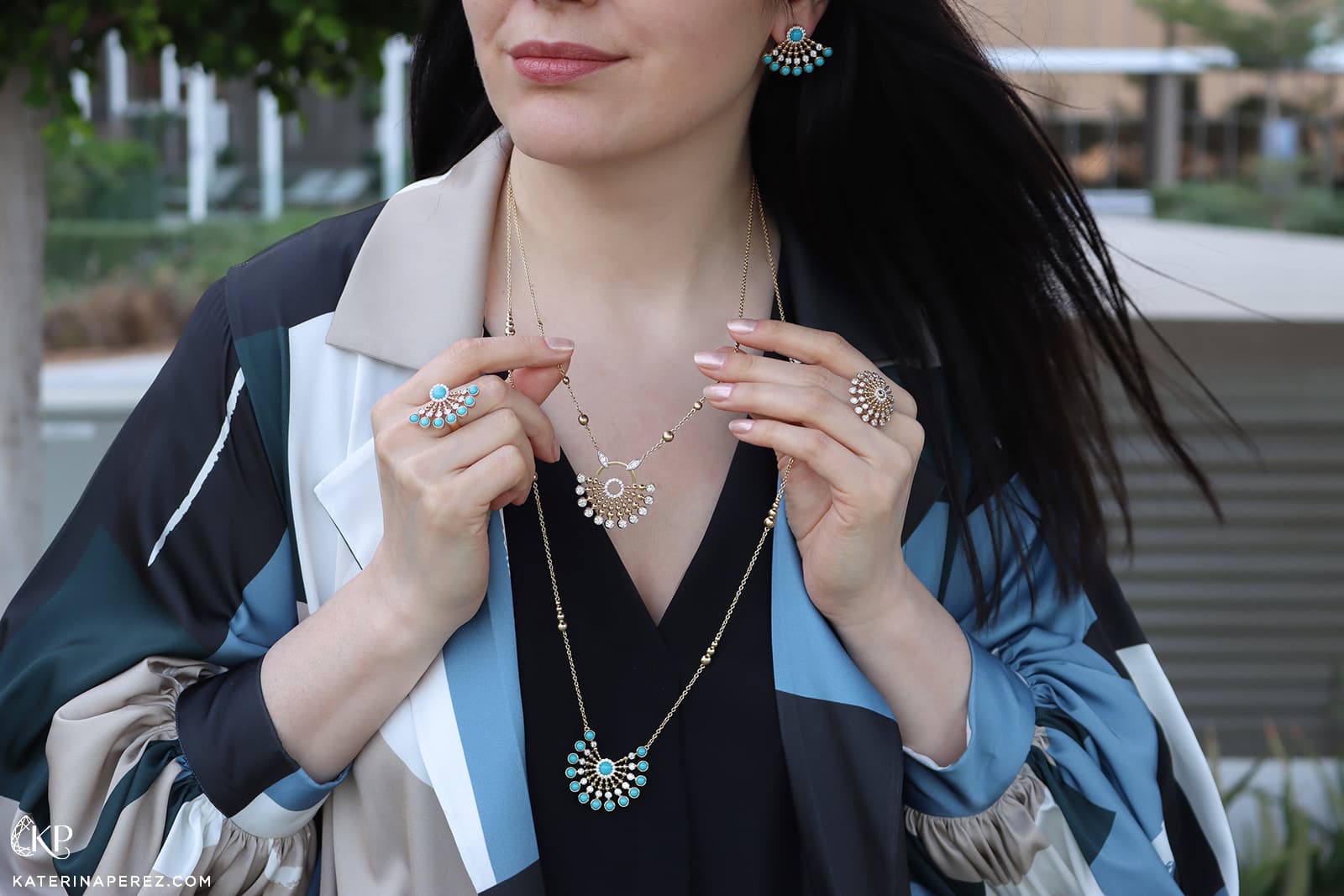 Katerina Perez wears pendants and earrings from the FerriFirenze Bubbles collection
