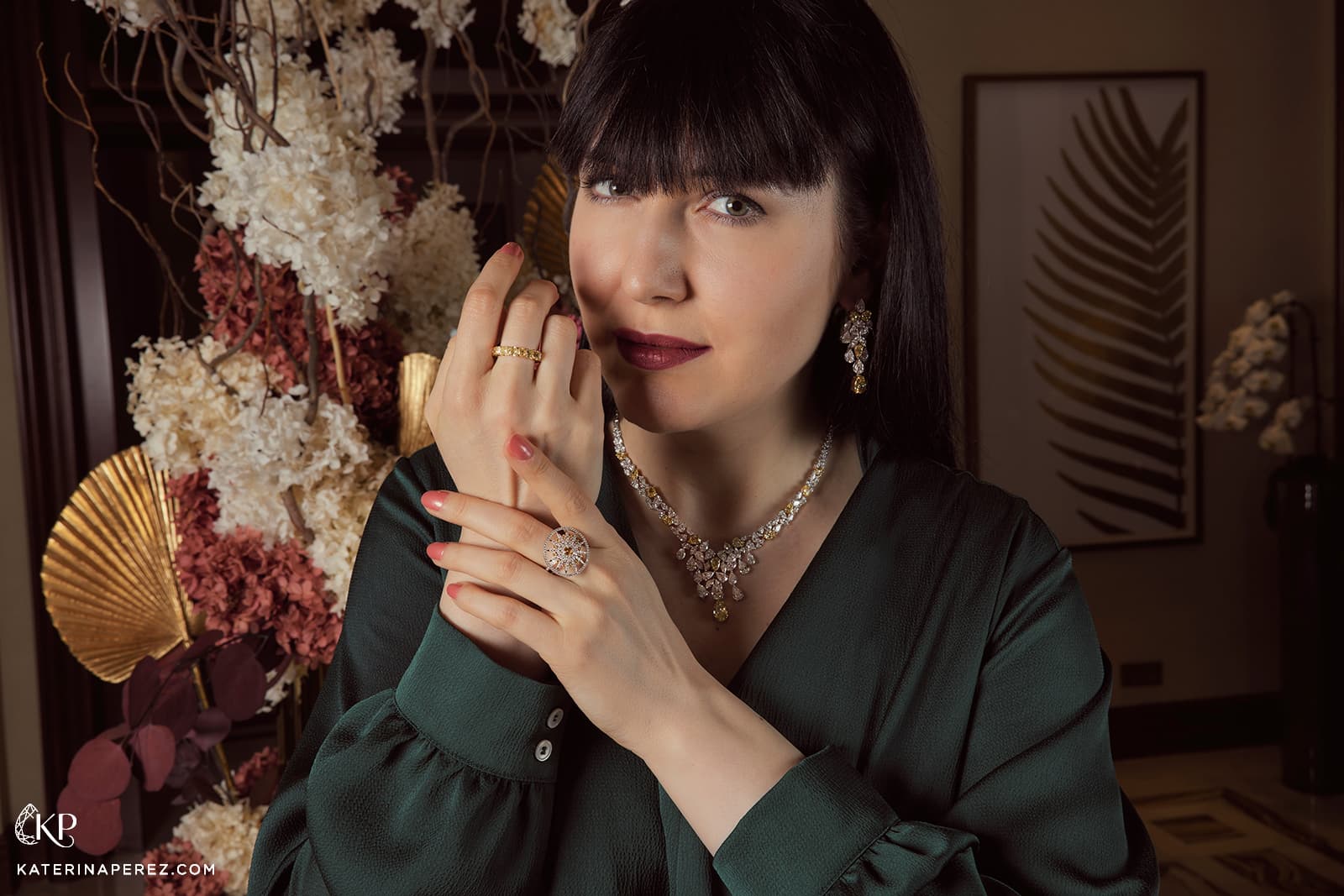  Katerina Perez wears a suite of yellow and white diamond high jewellery from Bayt Damas