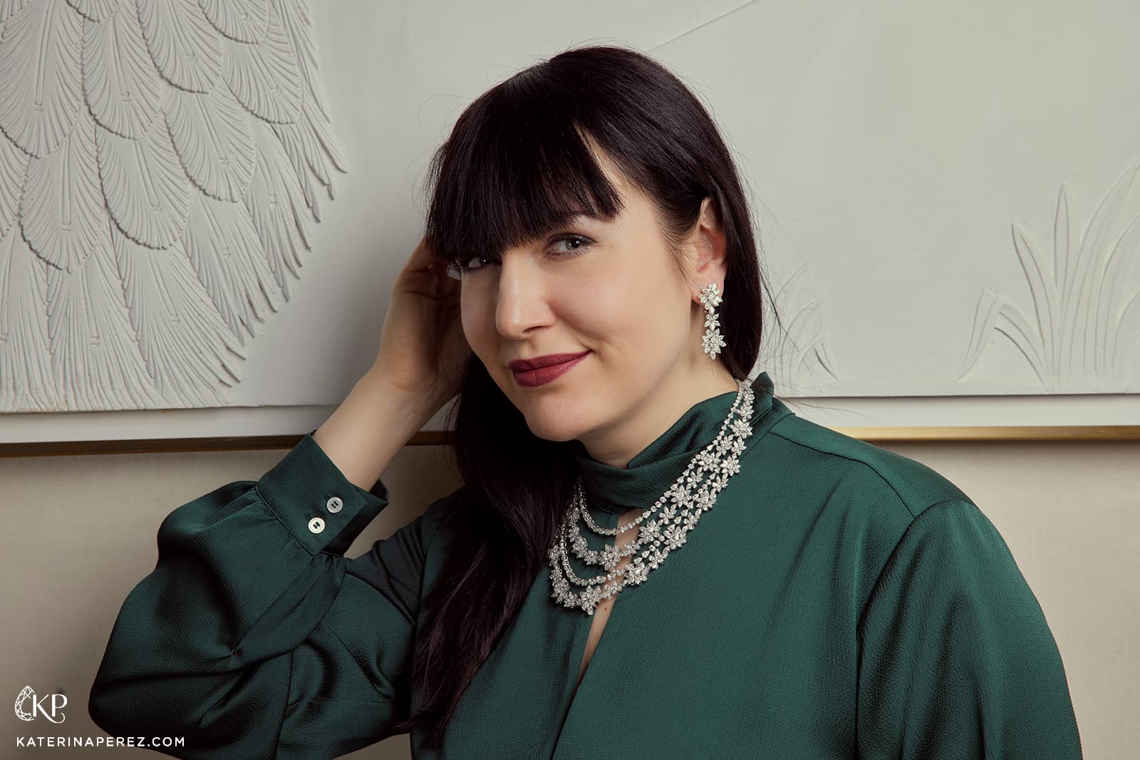  Floral inspired diamond necklace and matching earrings by Bayt Damas, modelled by Katerina Perez