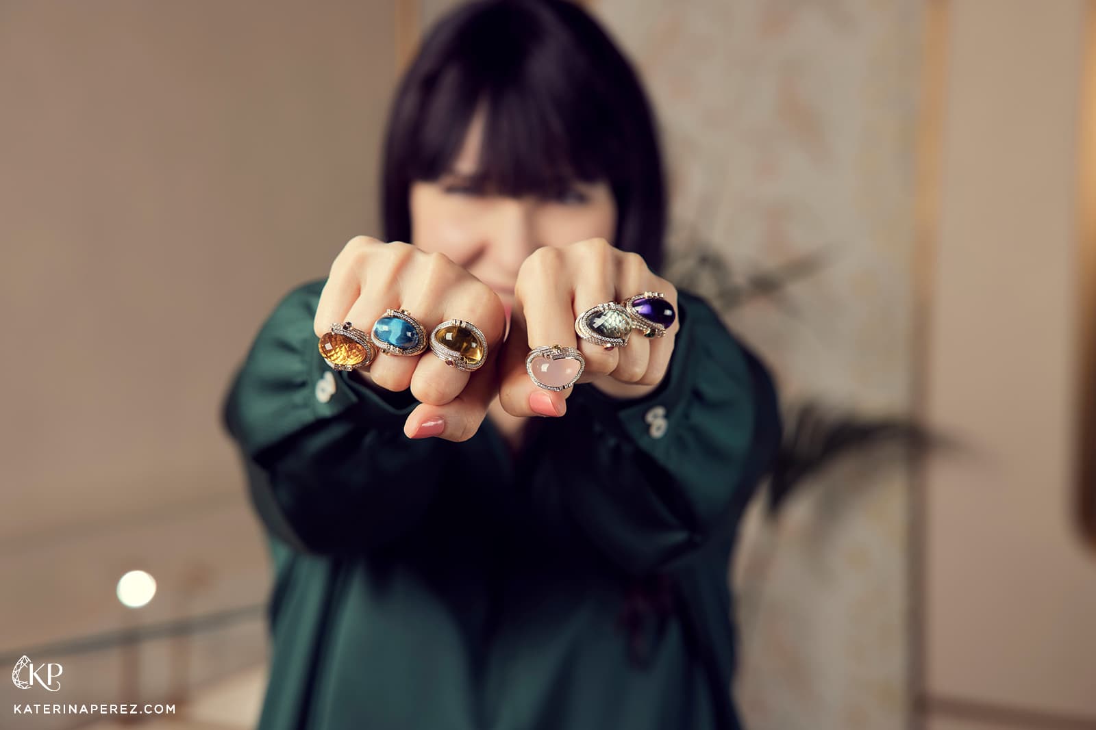  Bayt Damas Turban cocktail rings with tiger's eye, rose quartz, London blue topaz and amethyst
